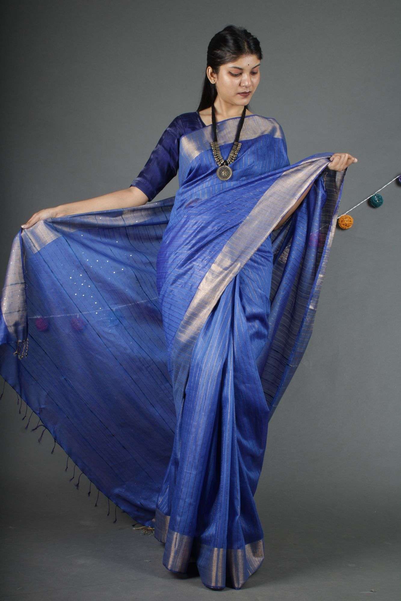 Blue bhagalpuri cotton silk with sequins all over pallu Wrap in 1 minute saree - Isadora Life Online Shopping Store