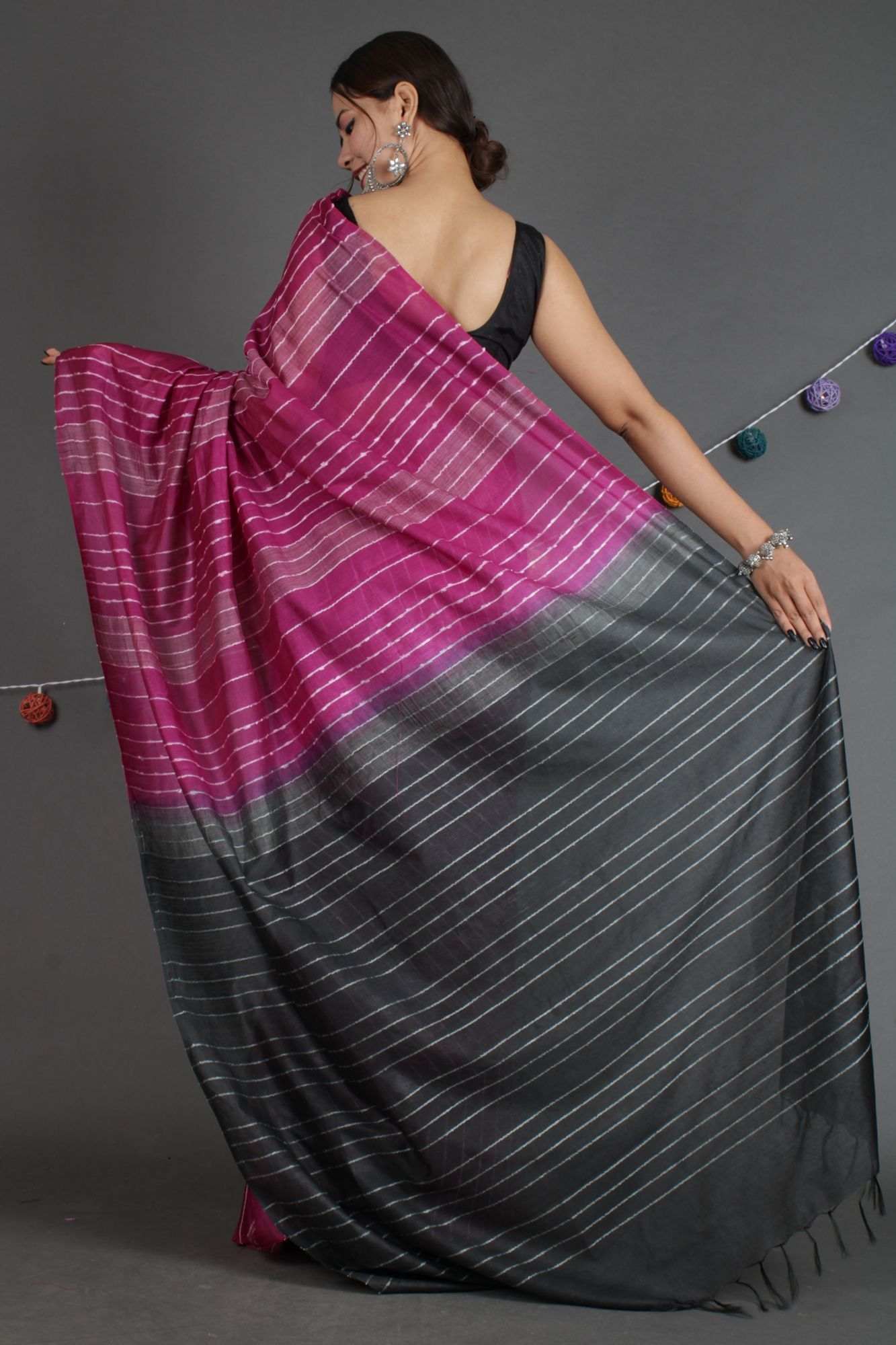 Purple-Black Kota Silk Resham stitch weaving ghicha sembling all over Wrap in 1 minute saree - Isadora Life Online Shopping Store