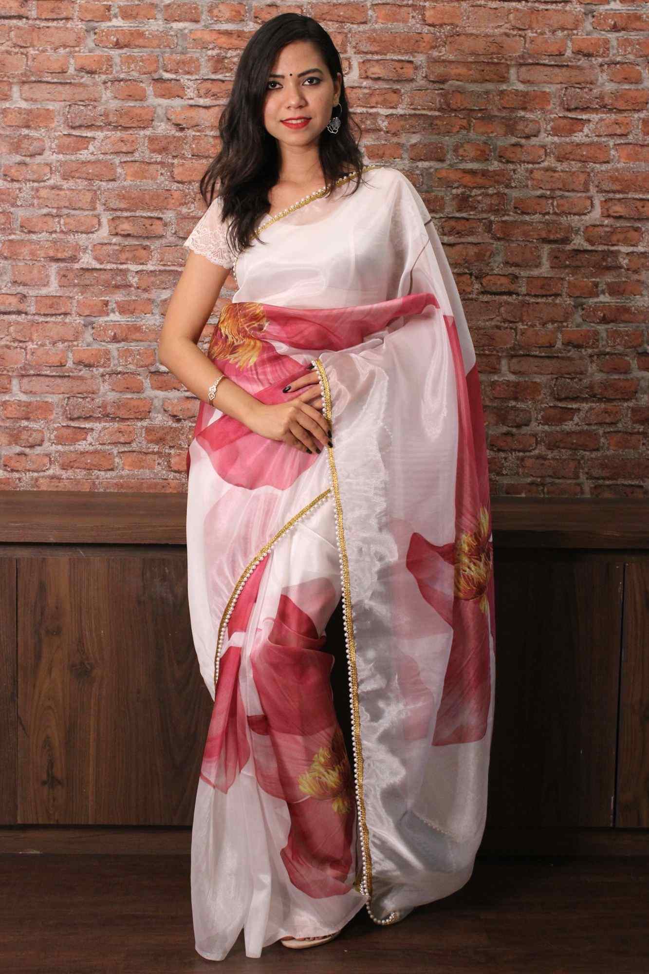 Off white and pink floral organza with moti lace border wrap in 1 minute saree - Isadora Life Online Shopping Store