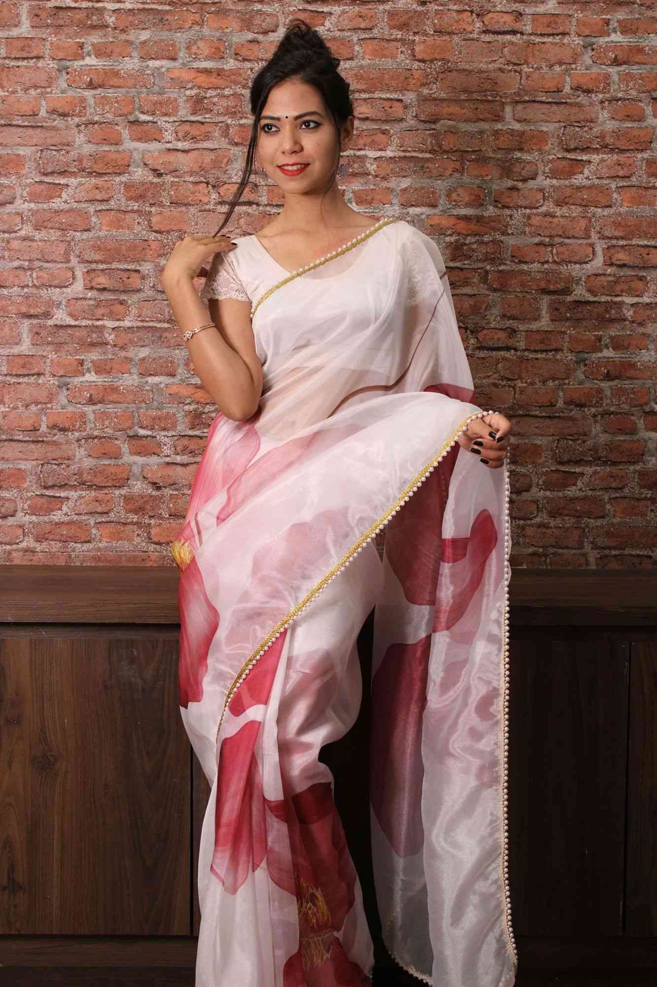 Off white and pink floral organza with moti lace border wrap in 1 minute saree - Isadora Life Online Shopping Store