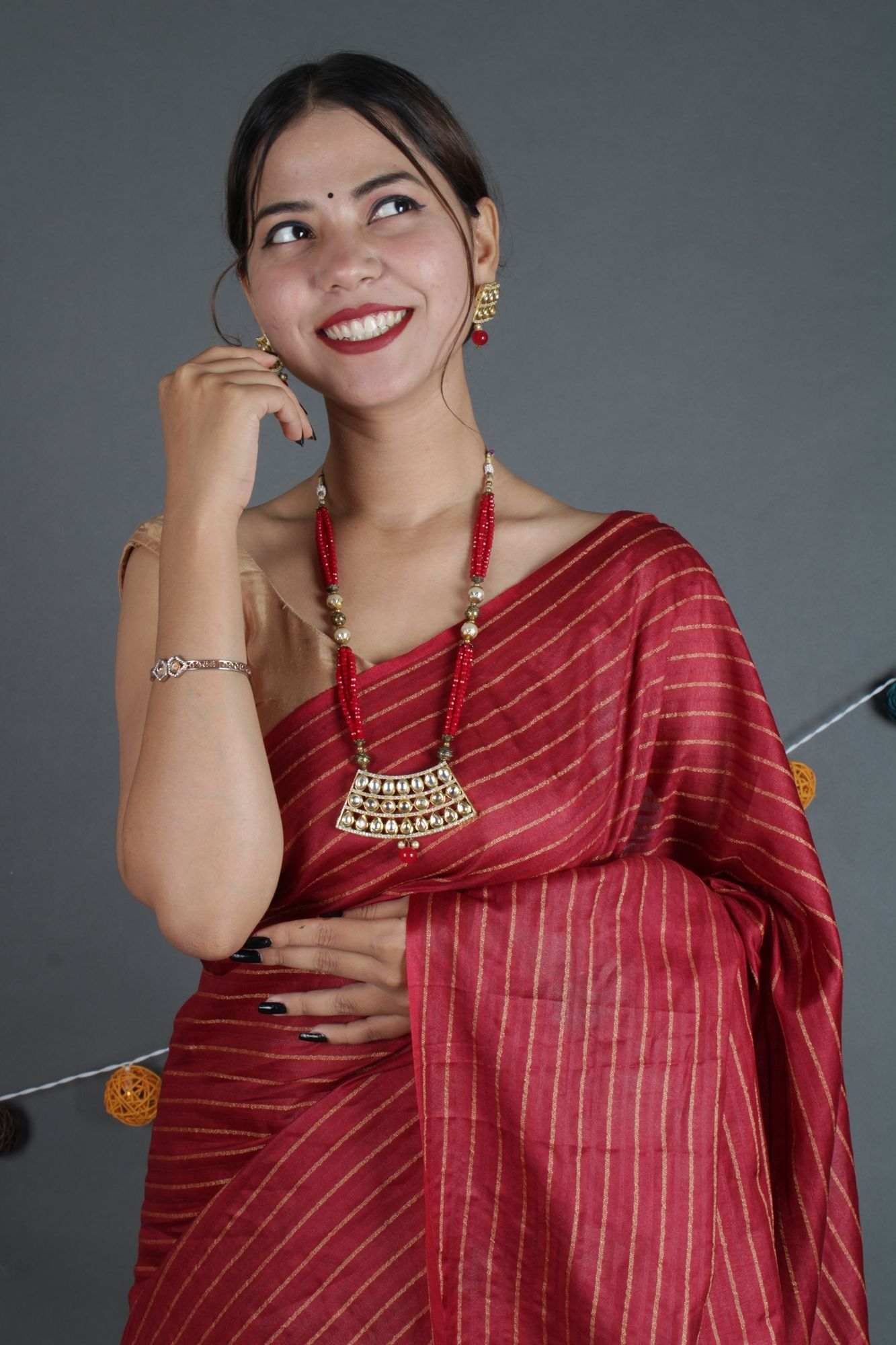 Maroon Katan Silk Resham Weaving all over Wrap in 1 minute saree - Isadora Life Online Shopping Store