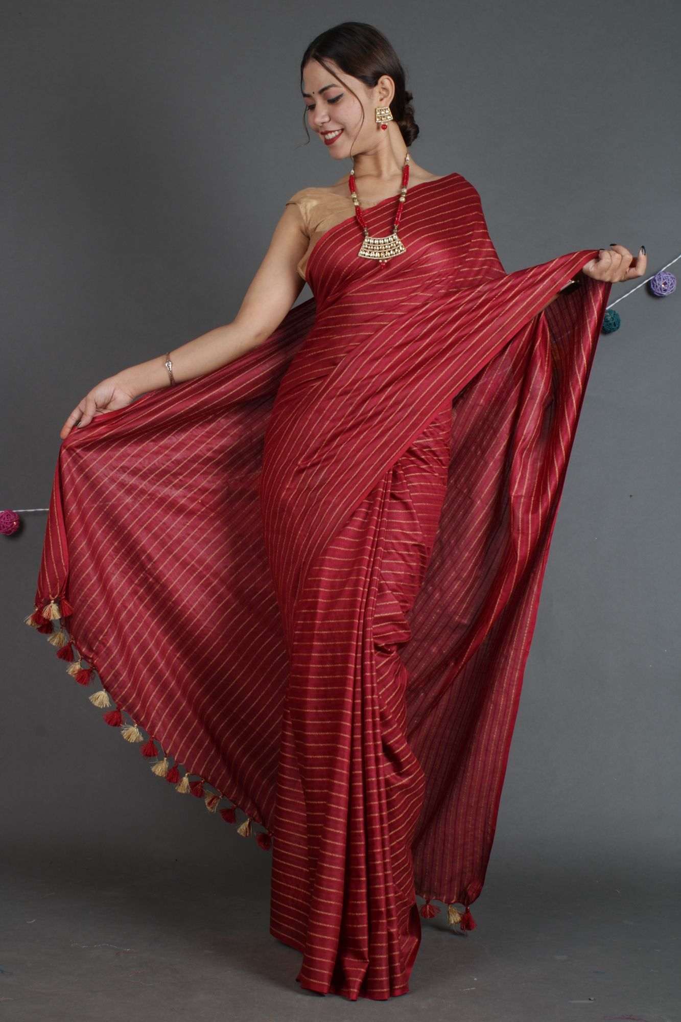 Maroon Katan Silk Resham Weaving all over Wrap in 1 minute saree - Isadora Life Online Shopping Store