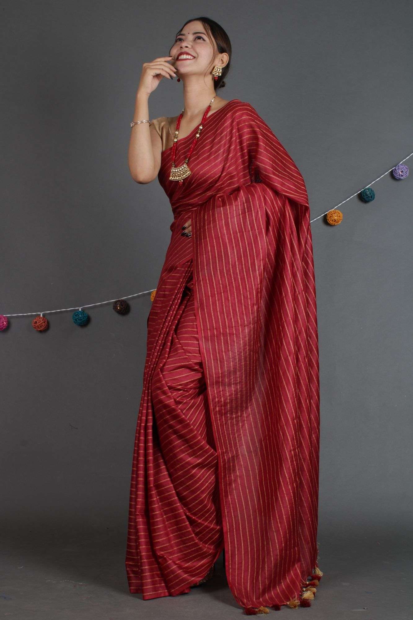 Maroon Katan Silk Resham Weaving all over Wrap in 1 minute saree - Isadora Life Online Shopping Store