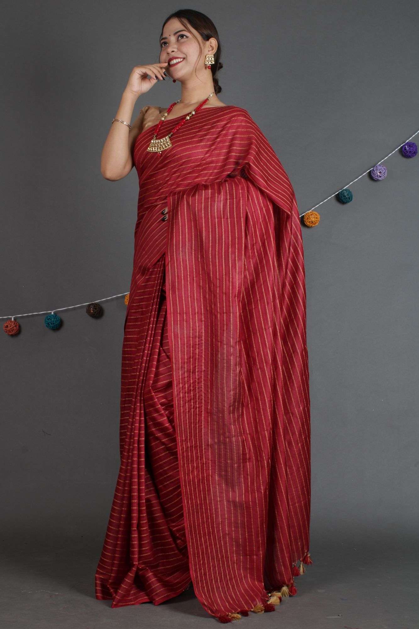 Maroon Katan Silk Resham Weaving all over Wrap in 1 minute saree - Isadora Life Online Shopping Store