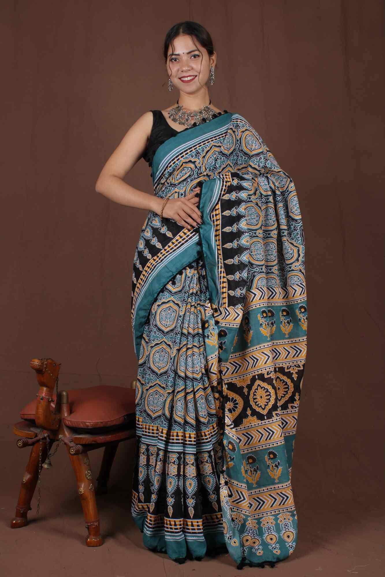 Handblock cotton Wrap in 1 minute saree with Pompom Border - Isadora Life Online Shopping Store