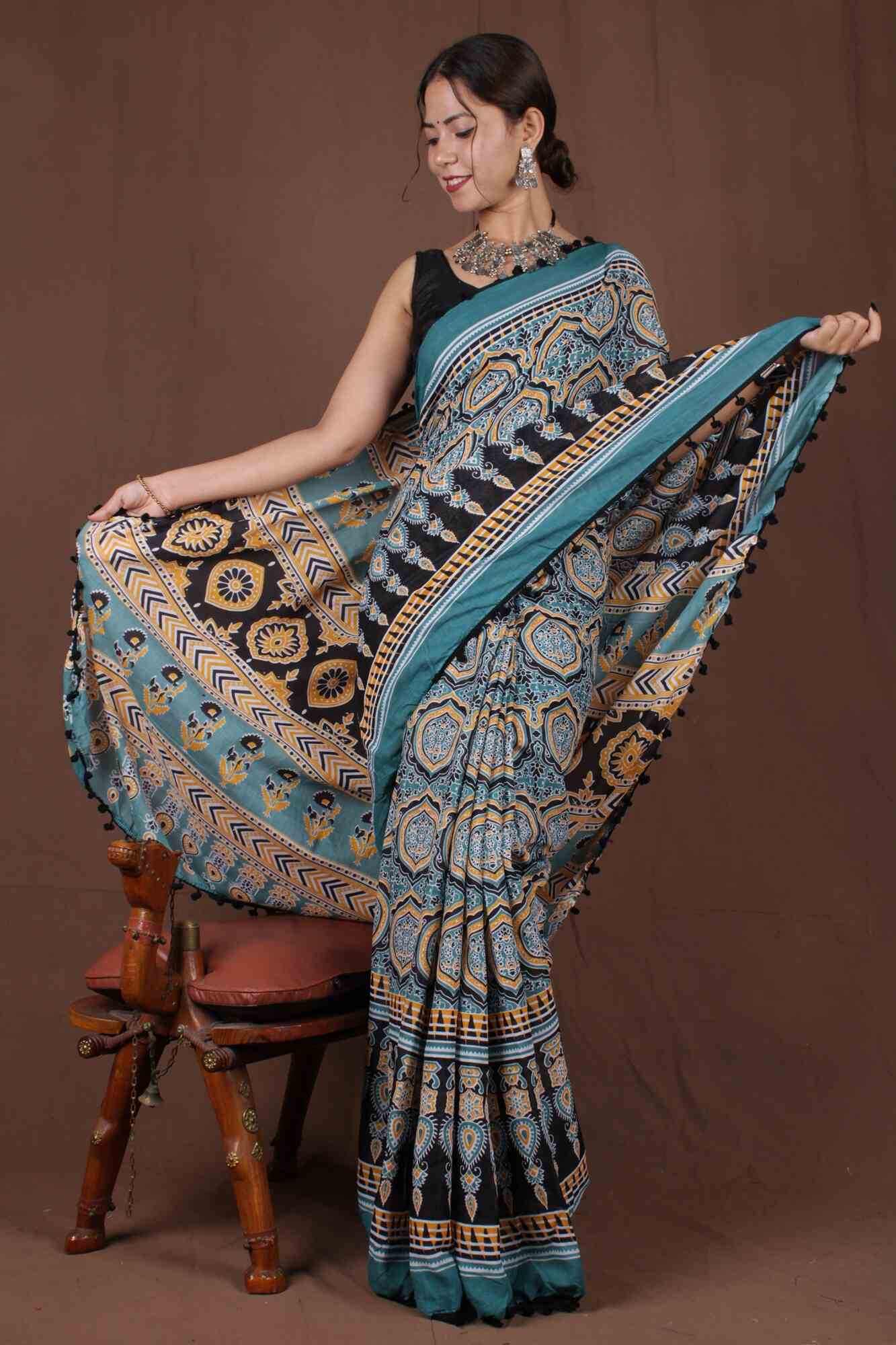 Handblock cotton Wrap in 1 minute saree with Pompom Border - Isadora Life Online Shopping Store