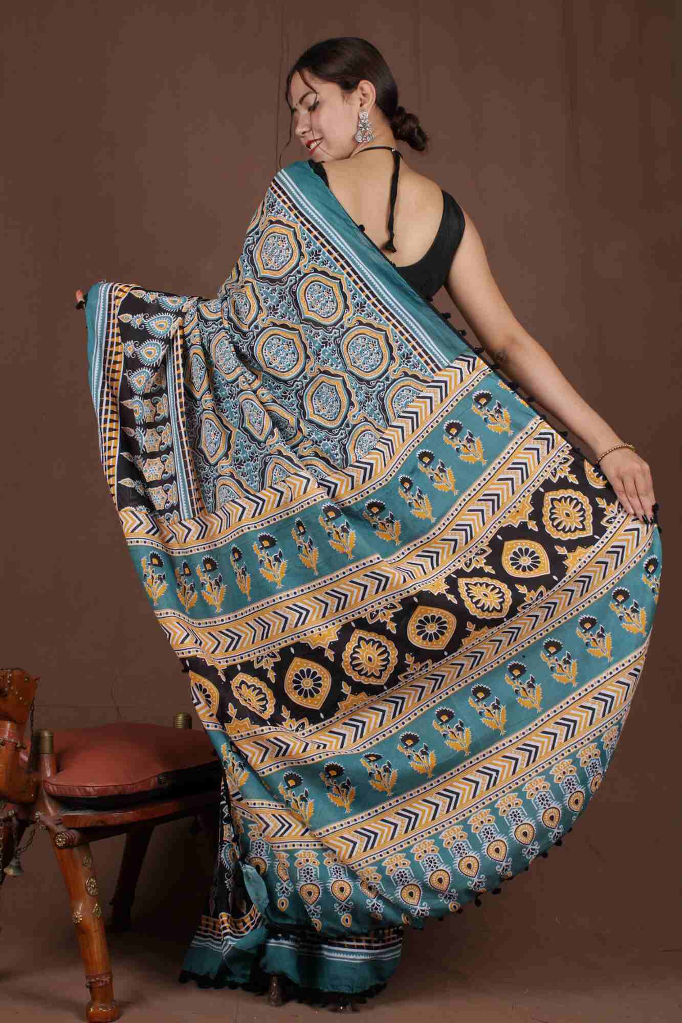 Handblock cotton Wrap in 1 minute saree with Pompom Border - Isadora Life Online Shopping Store