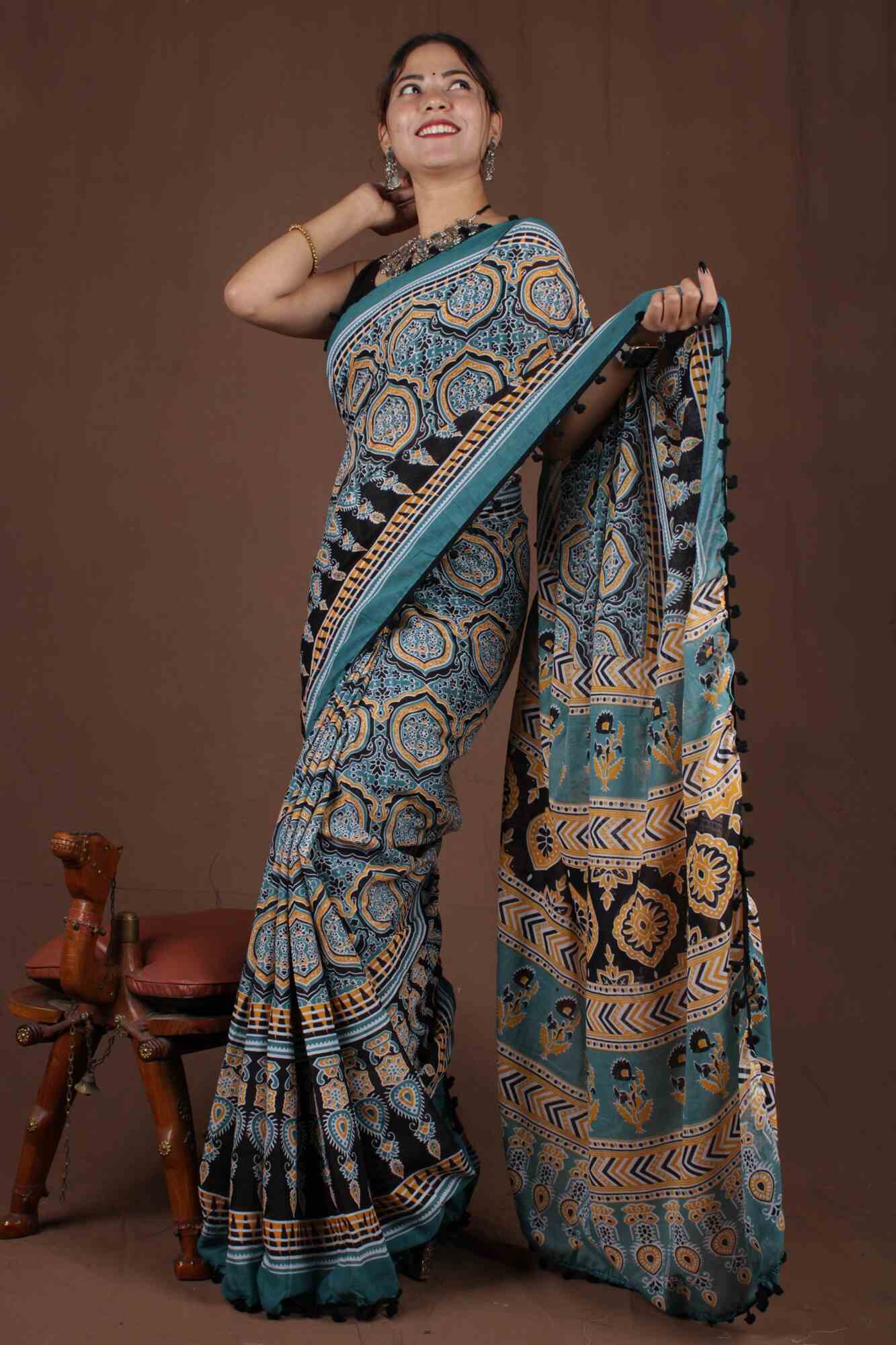 Handblock cotton Wrap in 1 minute saree with Pompom Border - Isadora Life Online Shopping Store