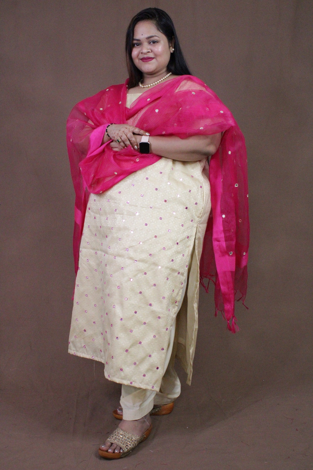 Brocade Ready to waer Salwar Kameez With Mirror Work-White & Pink - Isadora Life Online Shopping Store