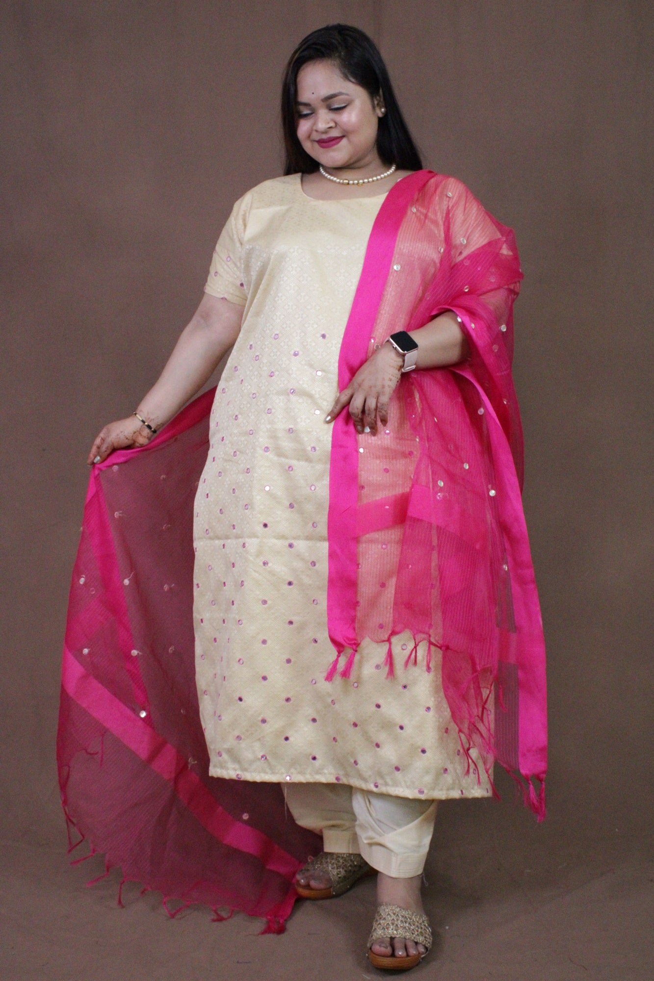 Brocade Ready to waer Salwar Kameez With Mirror Work-White & Pink - Isadora Life Online Shopping Store