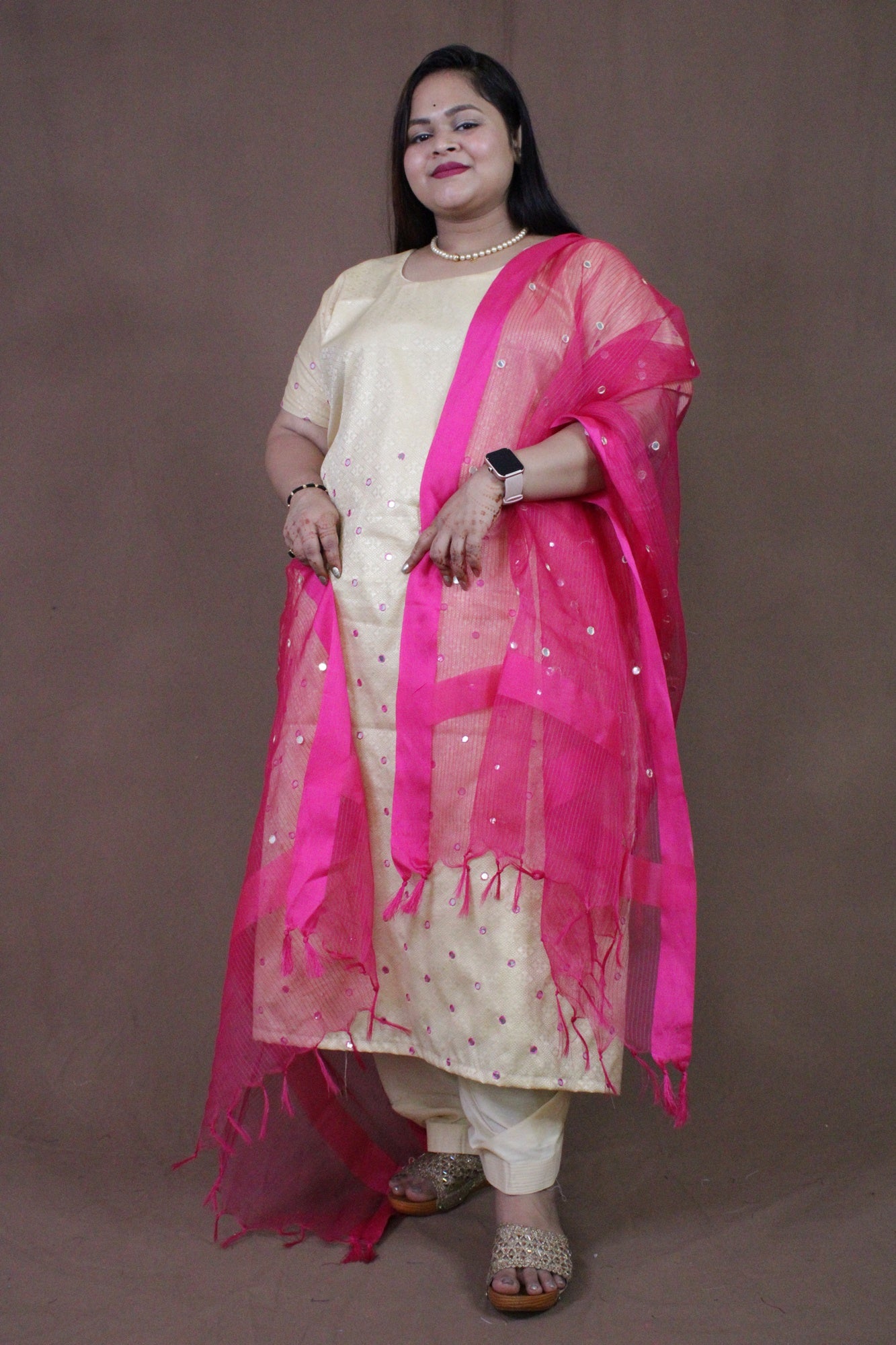 Brocade Ready to waer Salwar Kameez With Mirror Work-White & Pink - Isadora Life Online Shopping Store