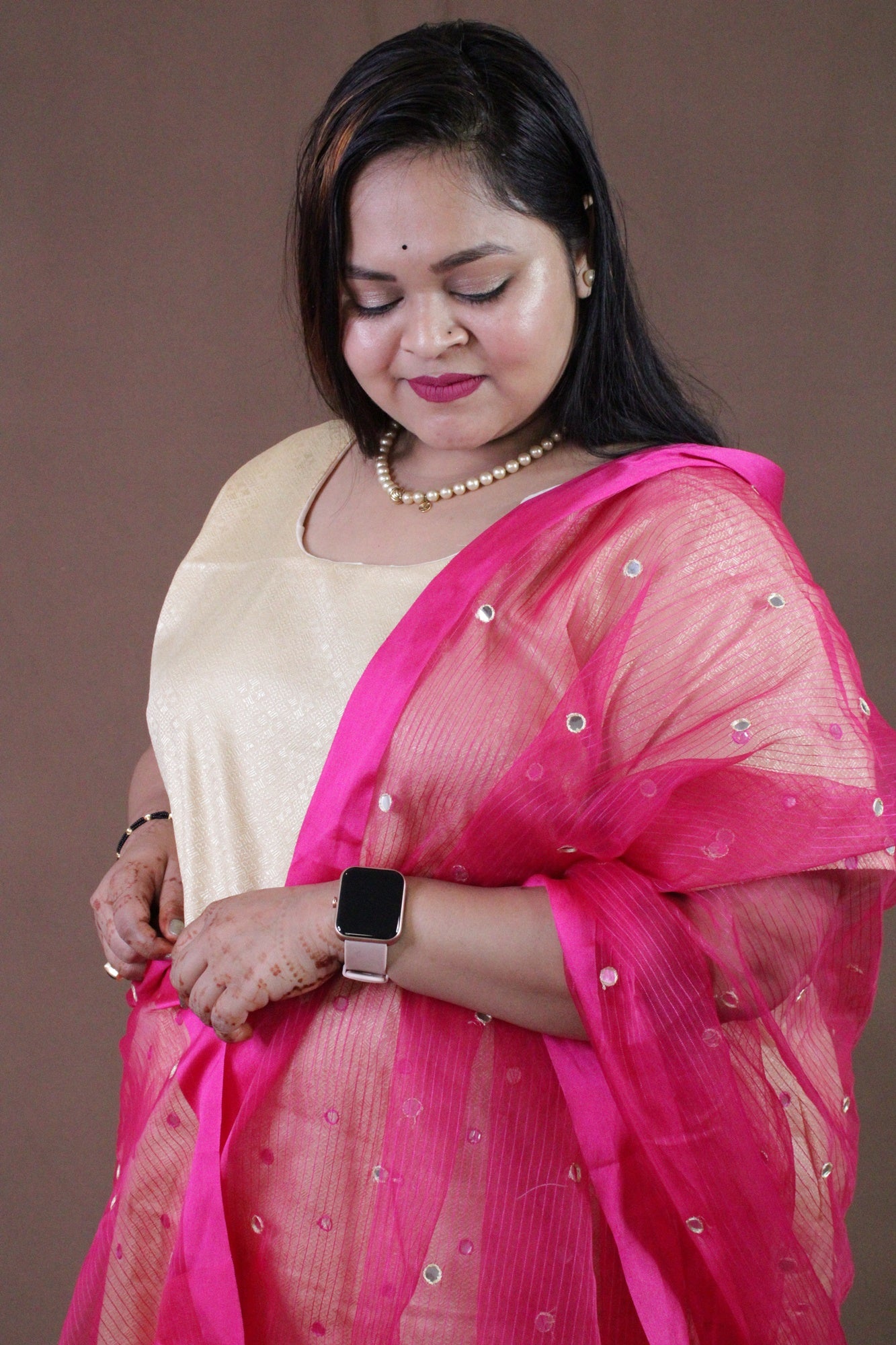 Brocade Ready to waer Salwar Kameez With Mirror Work-White & Pink - Isadora Life Online Shopping Store