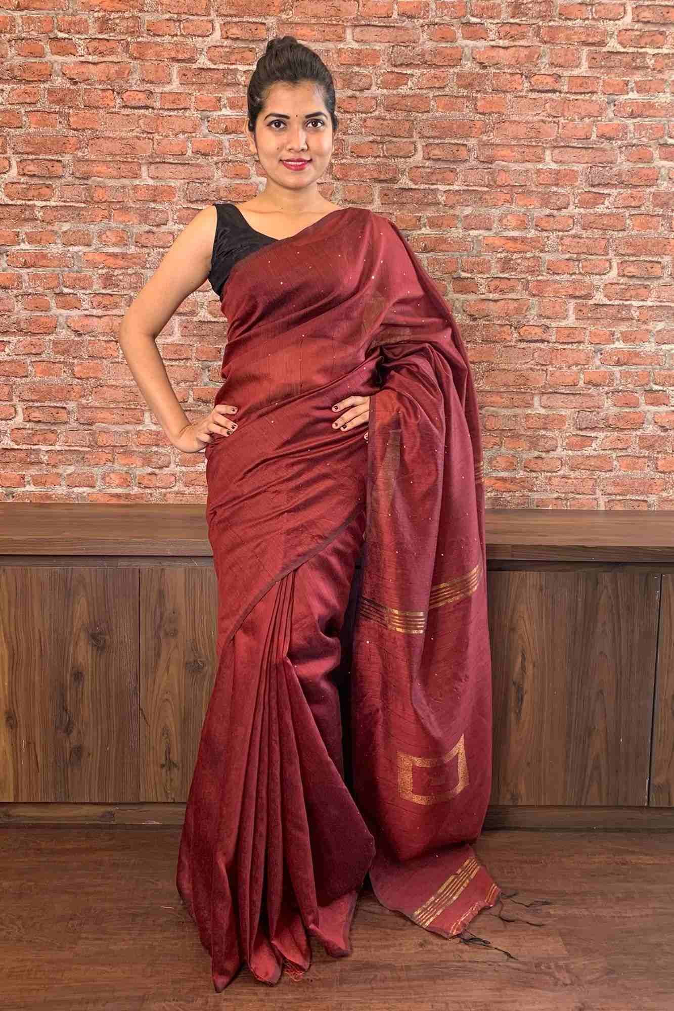 Maroon Rust Bengal Handloom cotton silk with sequins woven wrap in 1 minute saree - Isadora Life Online Shopping Store