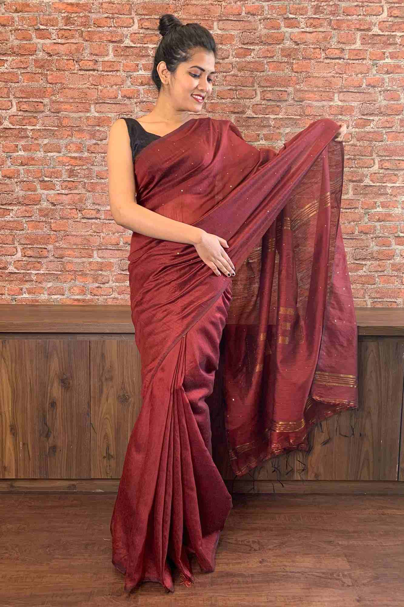 Maroon Rust Bengal Handloom cotton silk with sequins woven wrap in 1 minute saree - Isadora Life Online Shopping Store