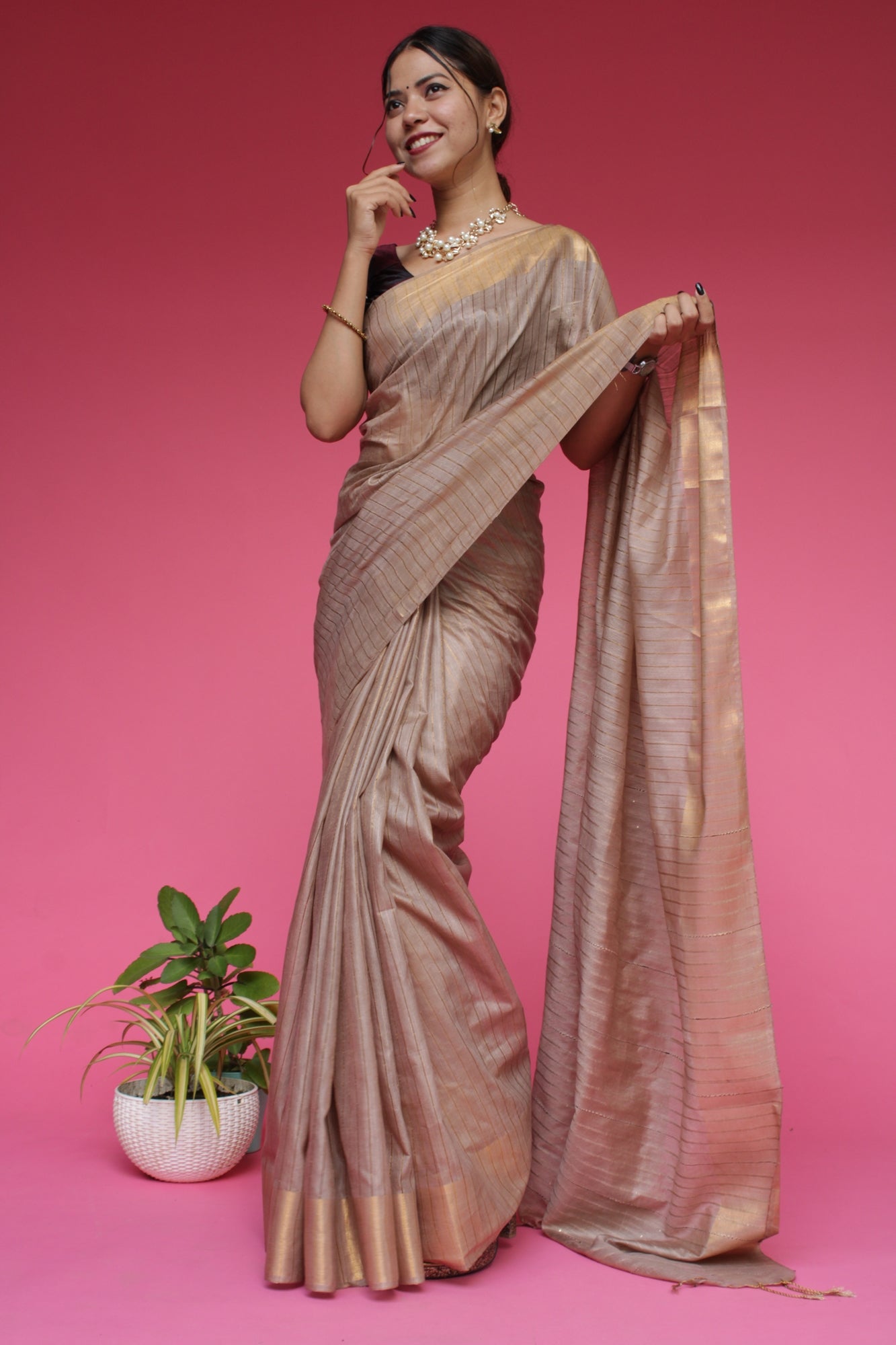 Beige Katan Silk Resham Weaving with Sequin woven pallu Wrap in 1 minute saree - Isadora Life Online Shopping Store