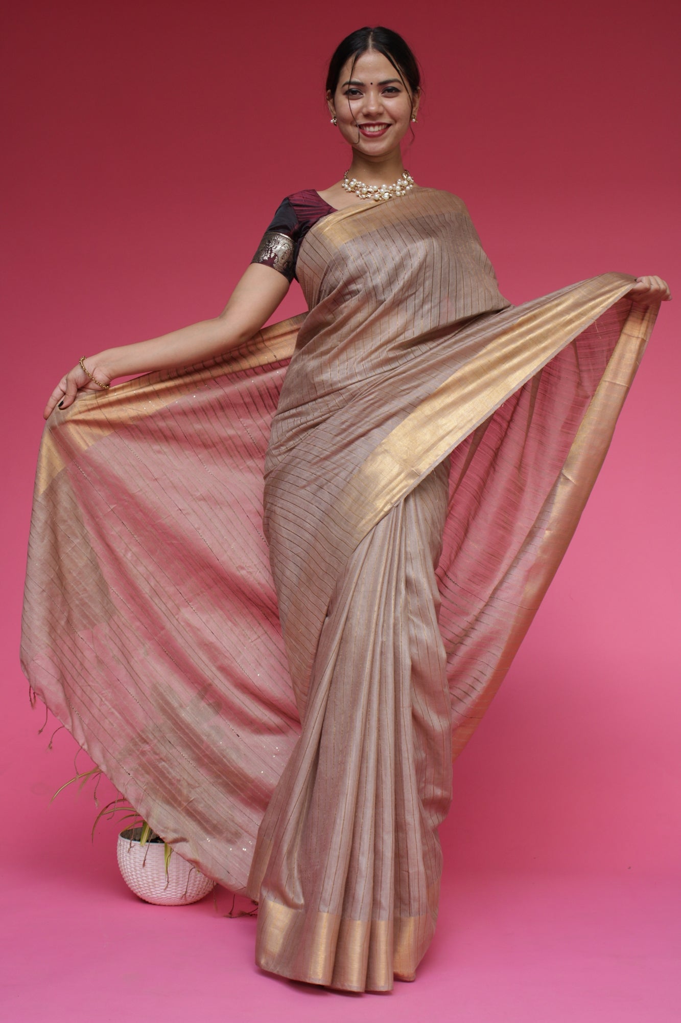 Beige Katan Silk Resham Weaving with Sequin woven pallu Wrap in 1 minute saree - Isadora Life Online Shopping Store