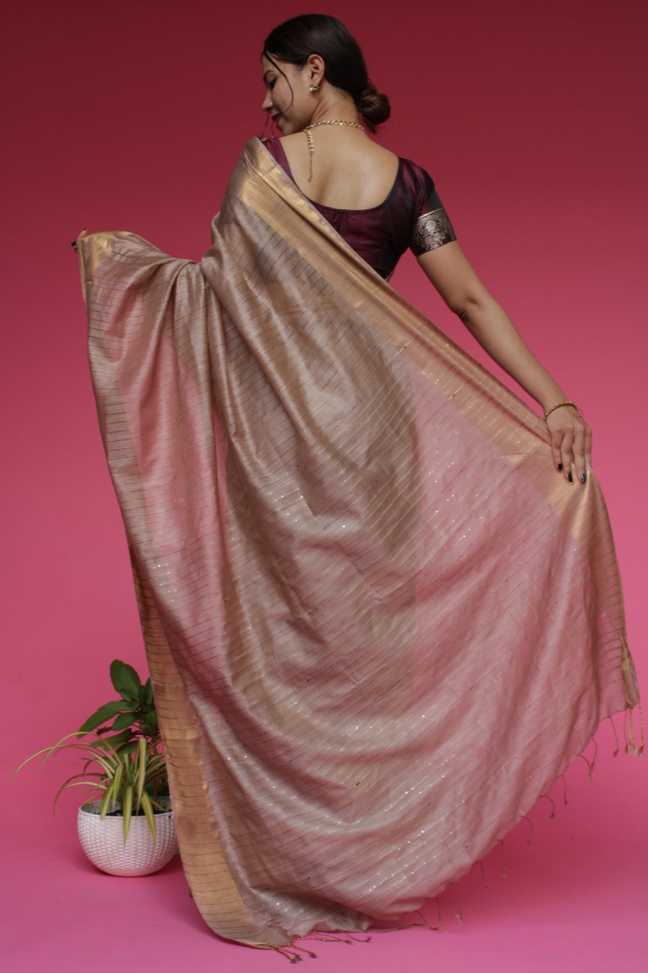 Beige Katan Silk Resham Weaving with Sequin woven pallu Wrap in 1 minute saree - Isadora Life Online Shopping Store