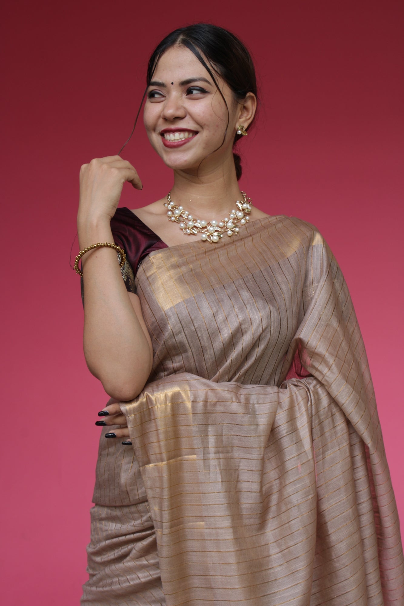 Beige Katan Silk Resham Weaving with Sequin woven pallu Wrap in 1 minute saree - Isadora Life Online Shopping Store