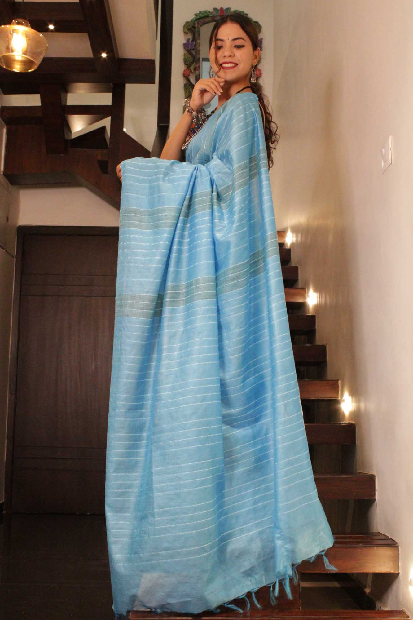 Firozi Katan Silk with Resham weaving all over Wrap in 1 minute saree - Isadora Life Online Shopping Store