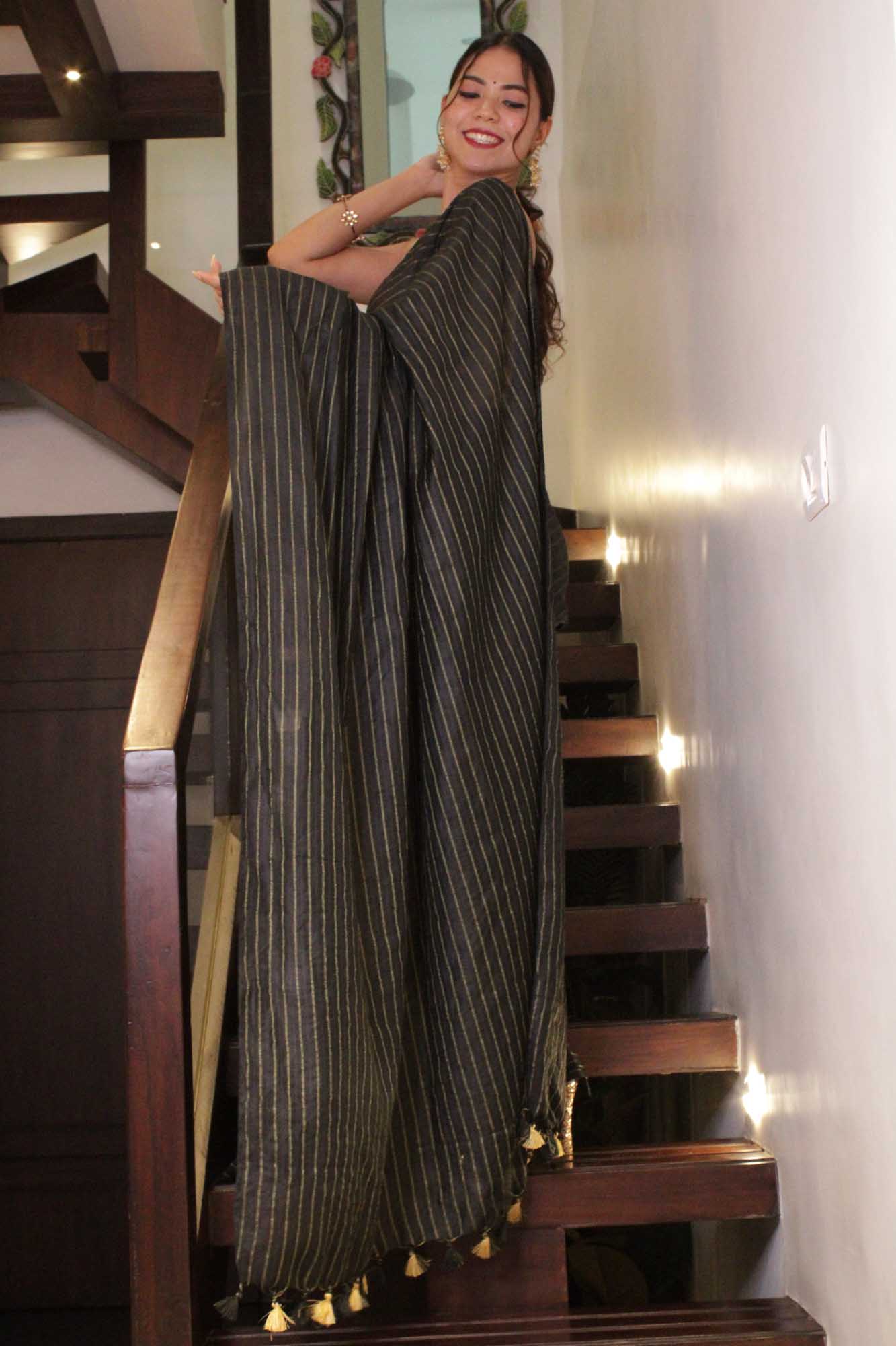 Black Katan Silk with Resham weaving all over Wrap in1 minute saree - Isadora Life Online Shopping Store