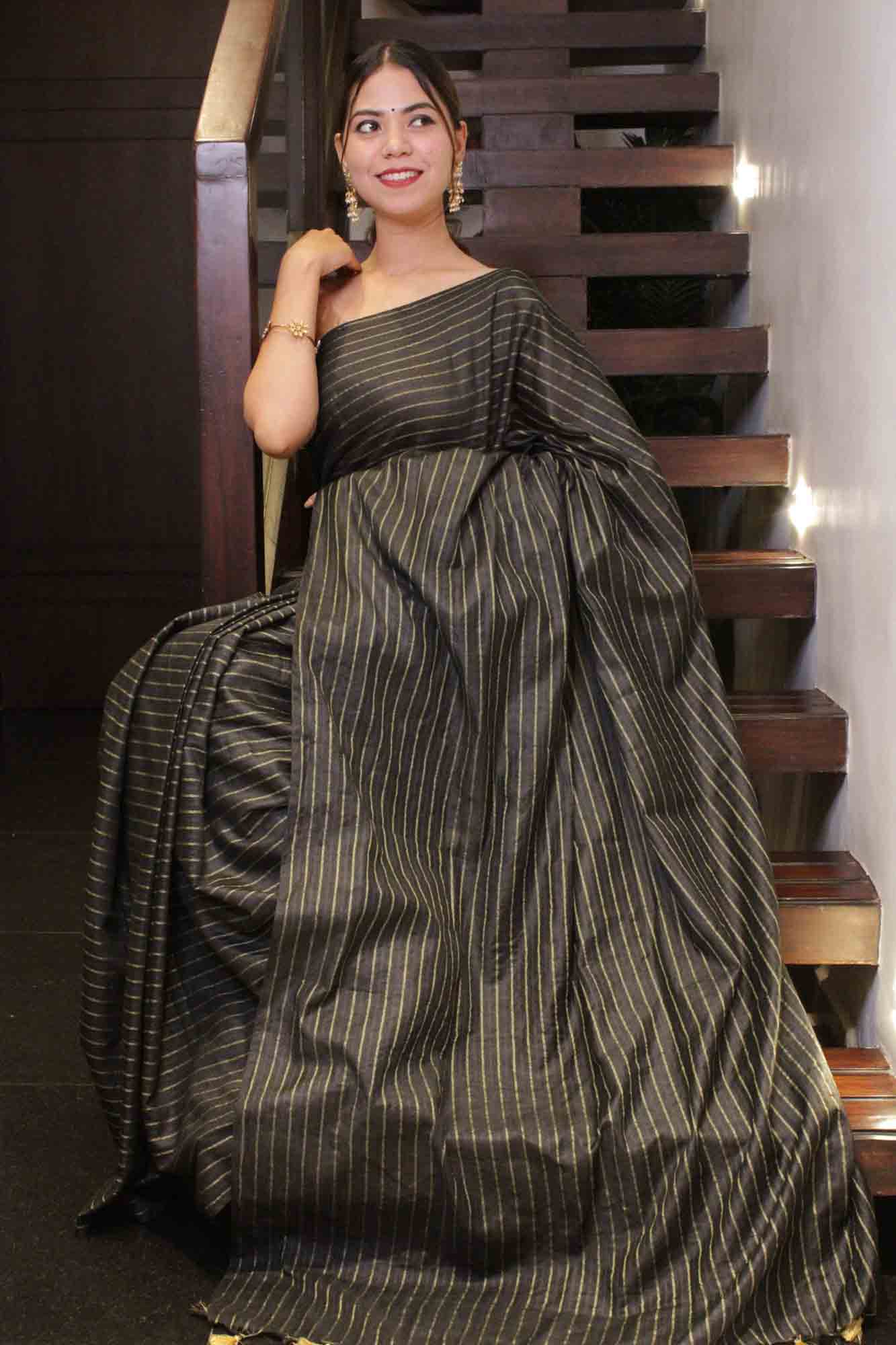 Black Katan Silk with Resham weaving all over Wrap in1 minute saree - Isadora Life Online Shopping Store