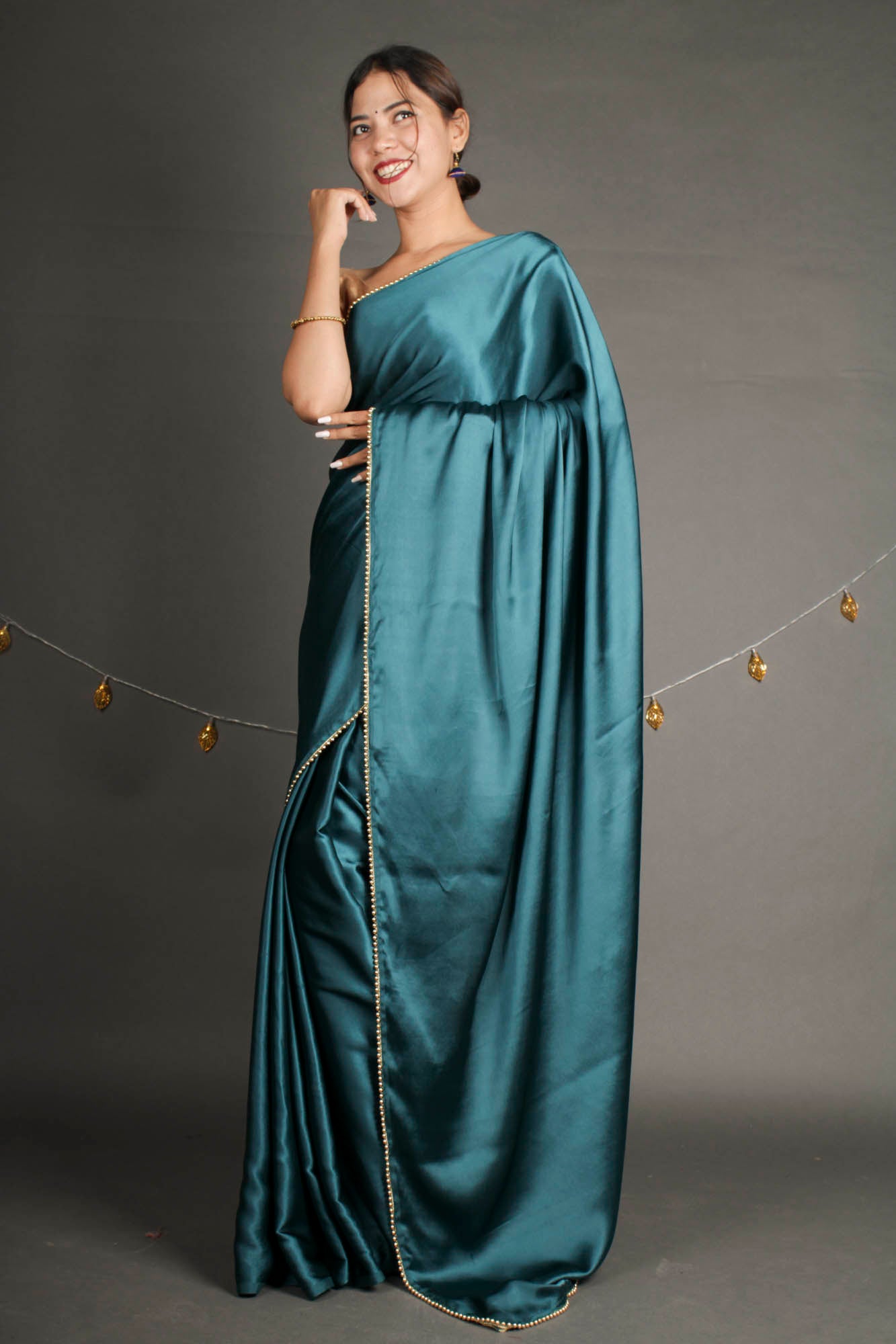 Turquoise Blue Satin Wrap in 1 Minute Saree - Isadora Life Online Shopping Store