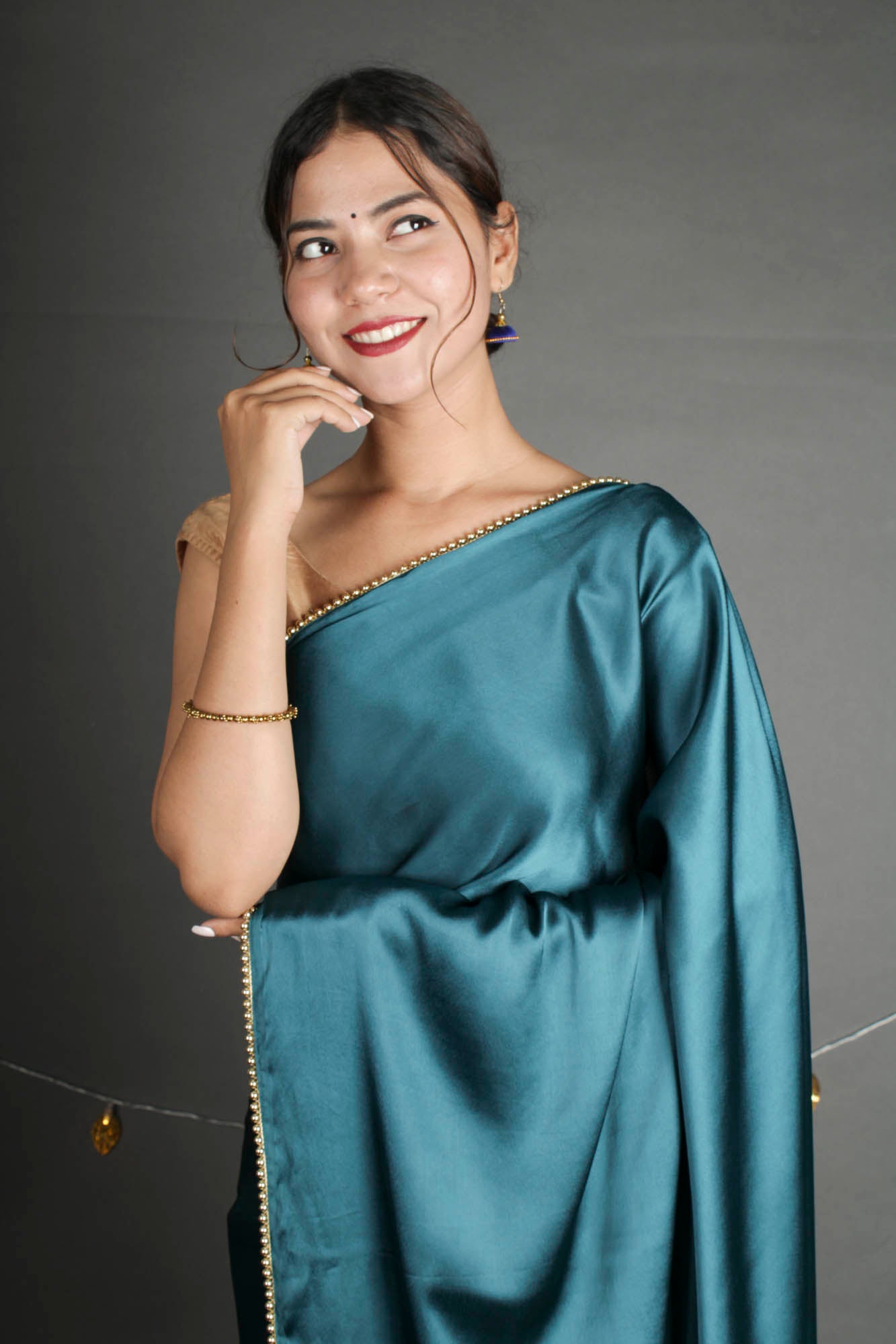 Turquoise Blue Satin Wrap in 1 Minute Saree - Isadora Life Online Shopping Store