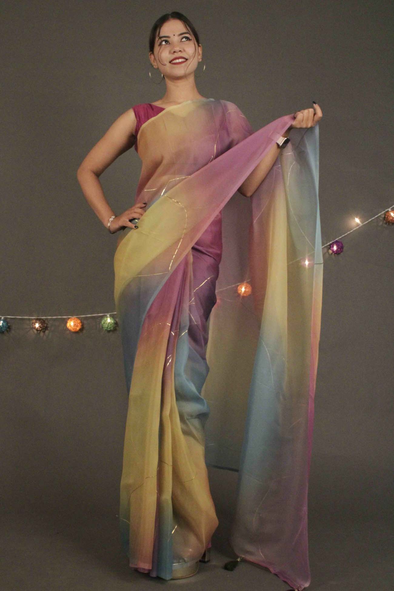 Rainbow Double Organza Sequence Embroidered Wrap in 1 minute saree with Tassels - Isadora Life Online Shopping Store
