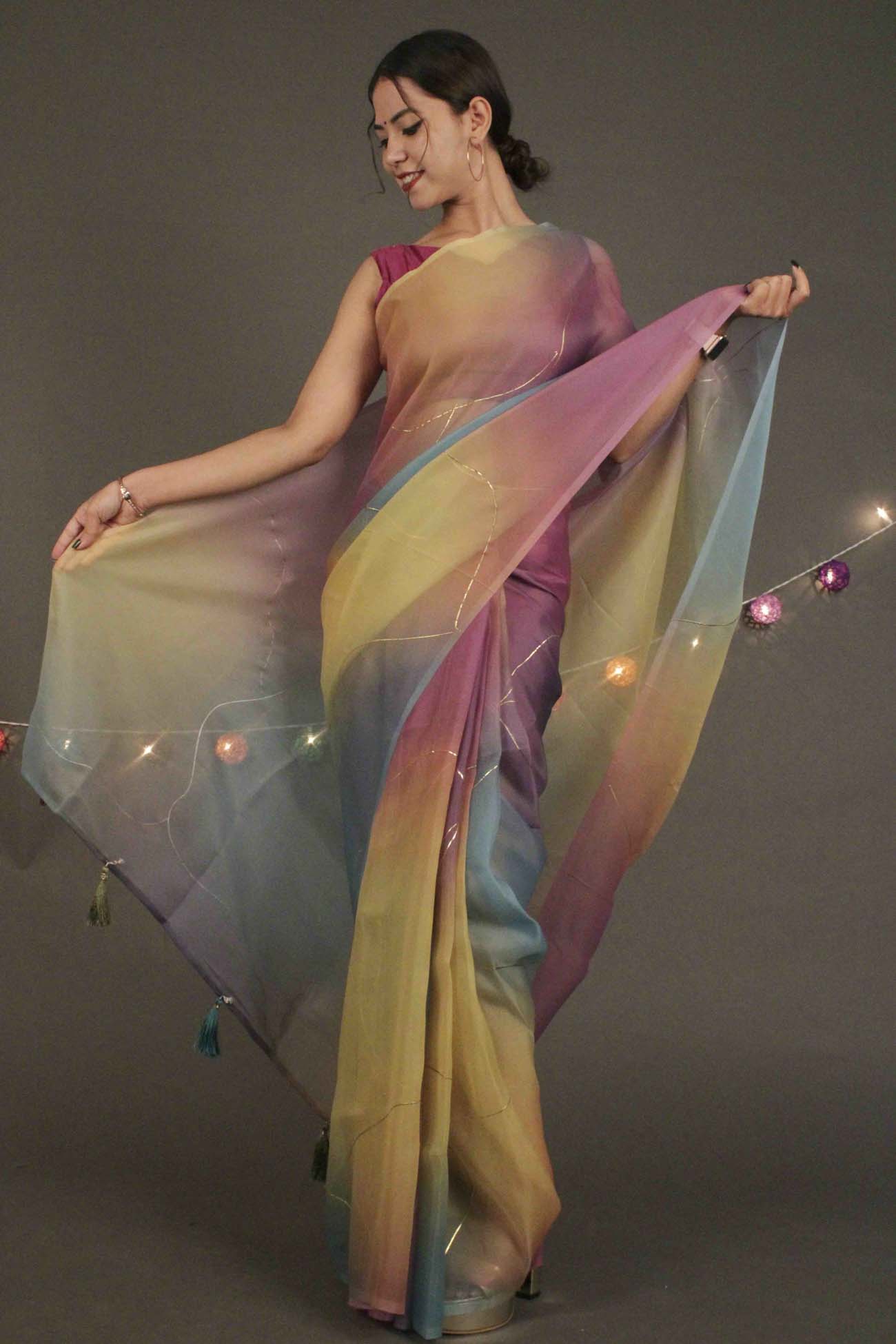 Rainbow Double Organza Sequence Embroidered Wrap in 1 minute saree with Tassels - Isadora Life Online Shopping Store