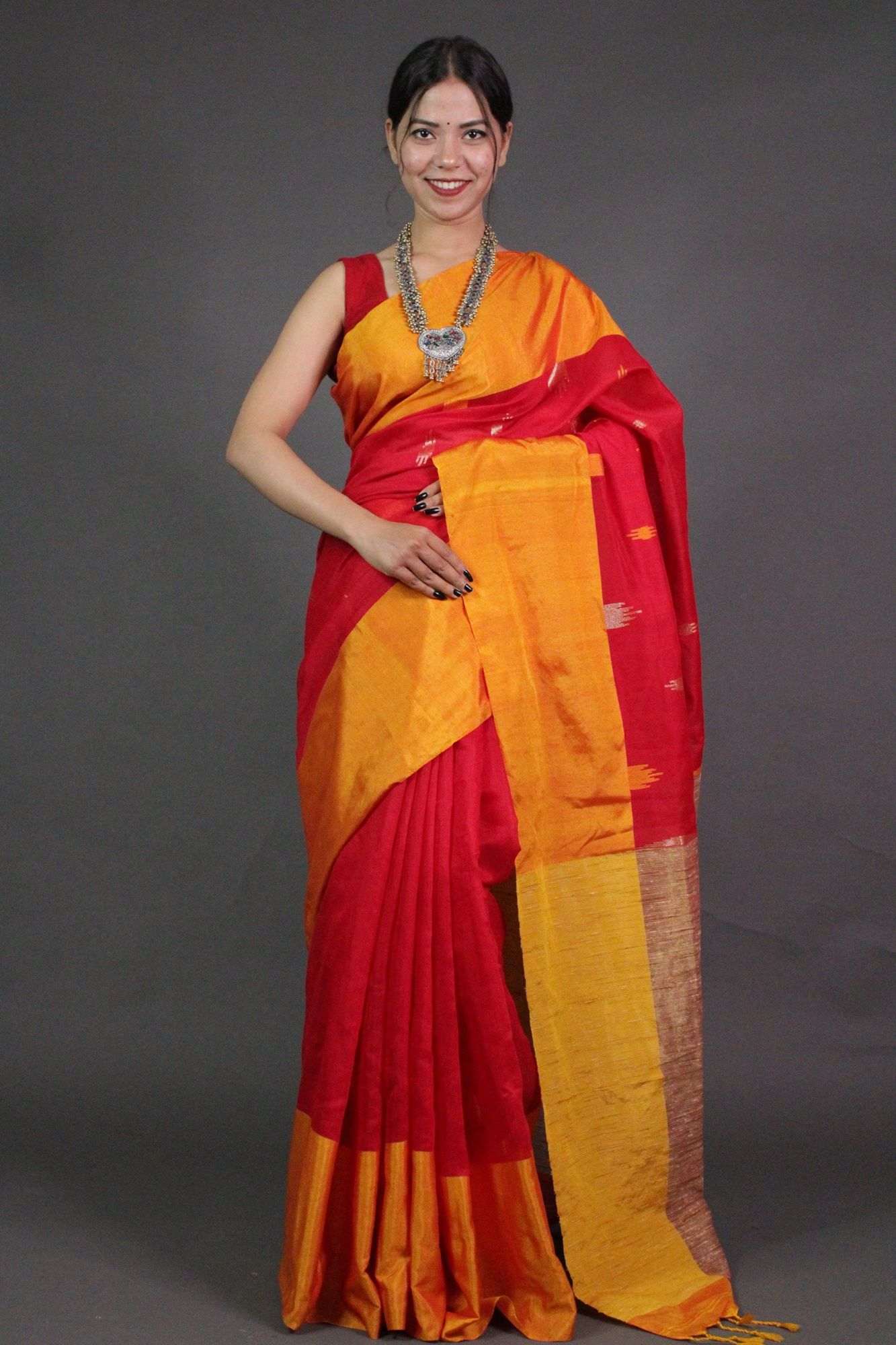 Red-Yellow Handloom Bengal Wrap in 1 minute Saree with Zari Border - Isadora Life Online Shopping Store