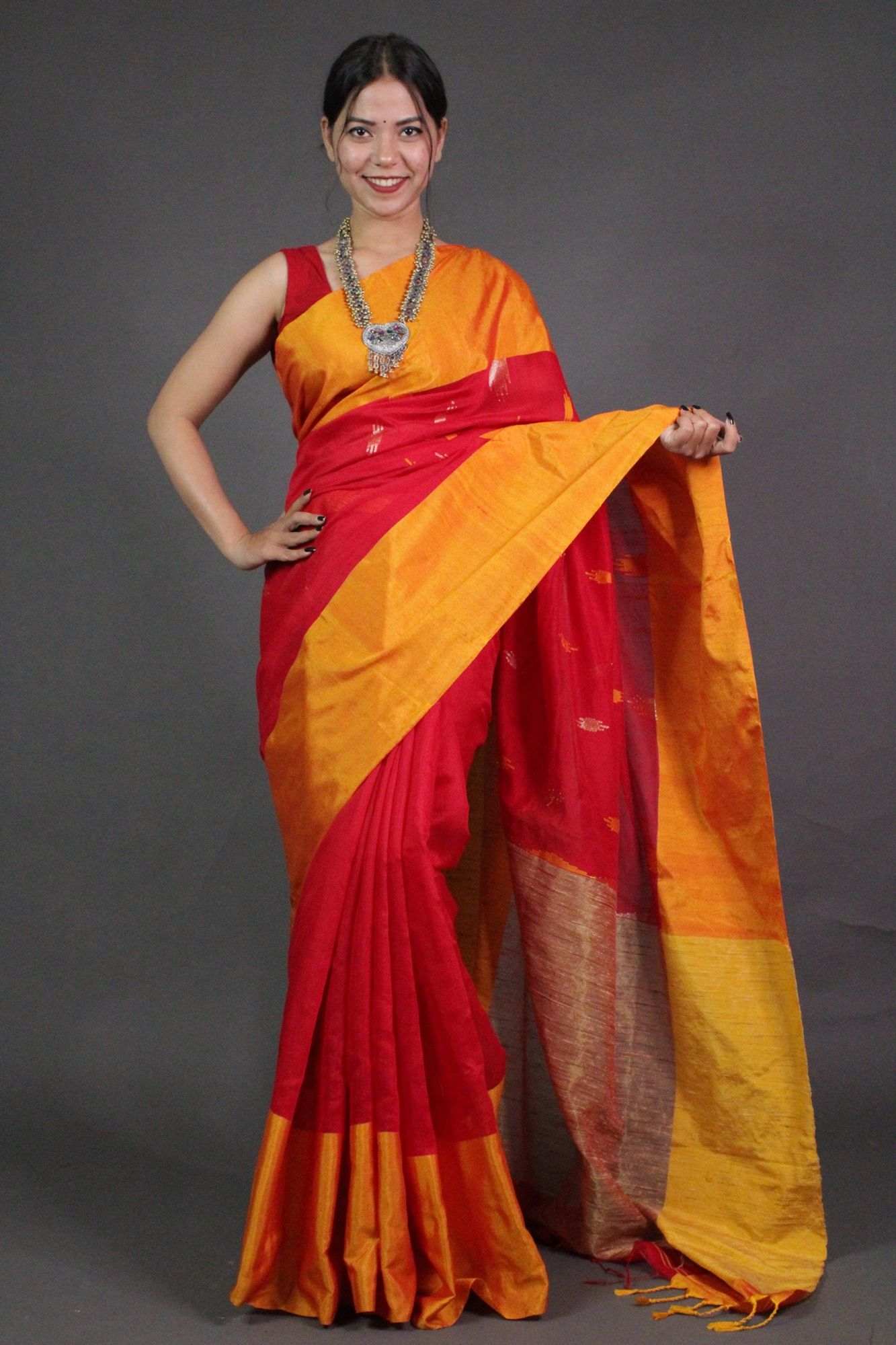 Red-Yellow Handloom Bengal Wrap in 1 minute Saree with Zari Border - Isadora Life Online Shopping Store