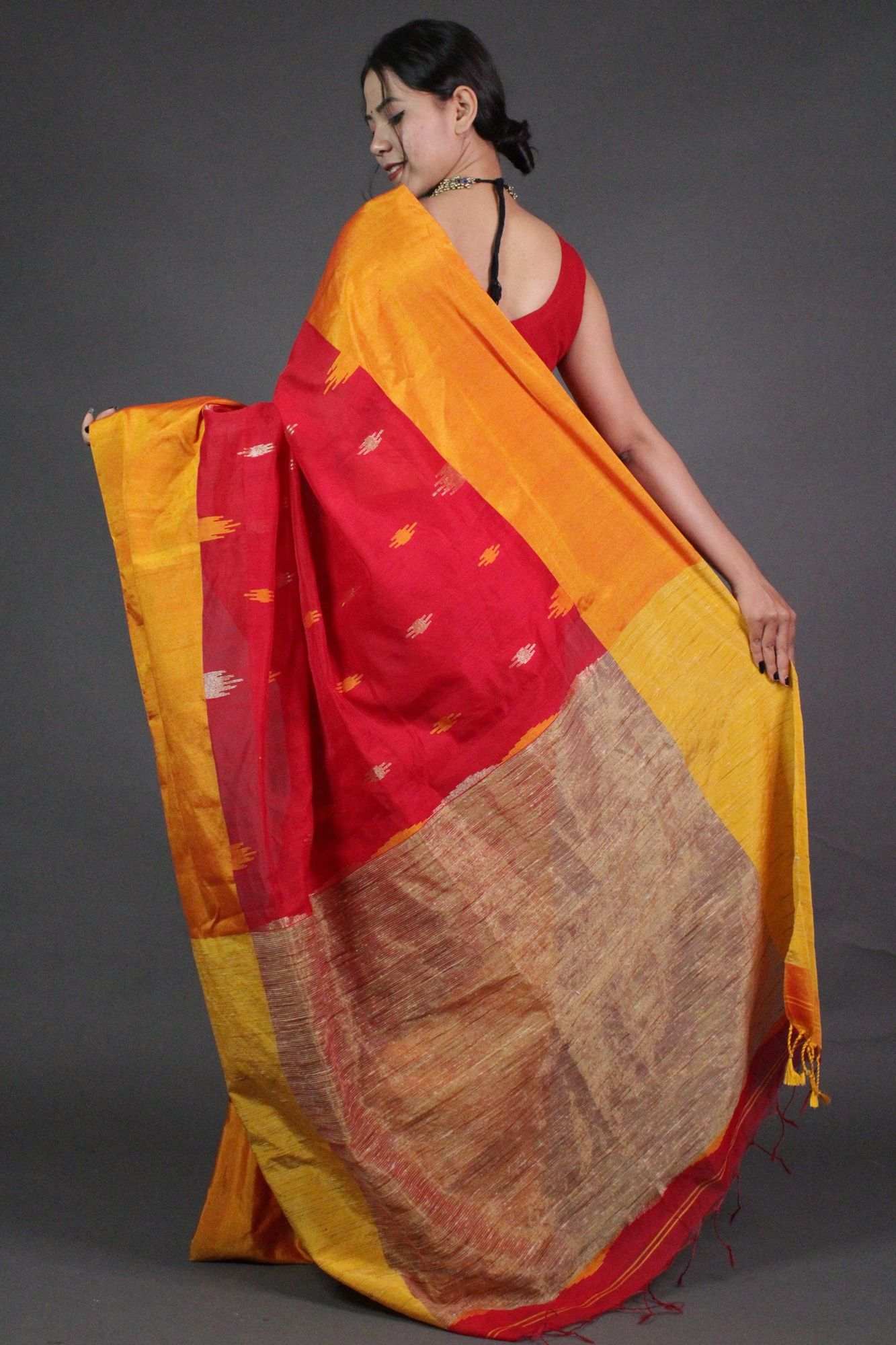 Red-Yellow Handloom Bengal Wrap in 1 minute Saree with Zari Border - Isadora Life Online Shopping Store