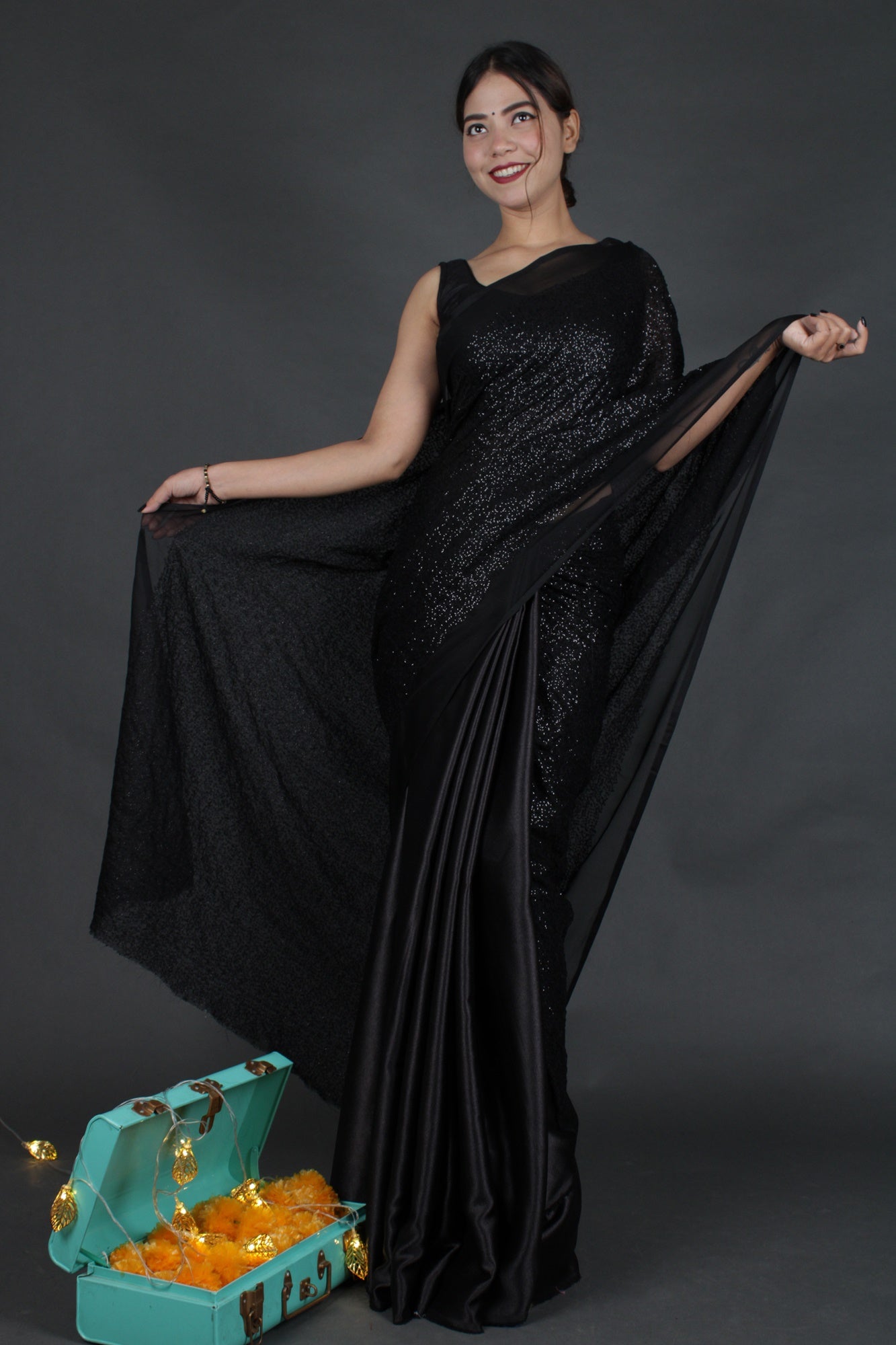 Black georgette sequin woven wrap in 1 minute saree - Isadora Life Online Shopping Store