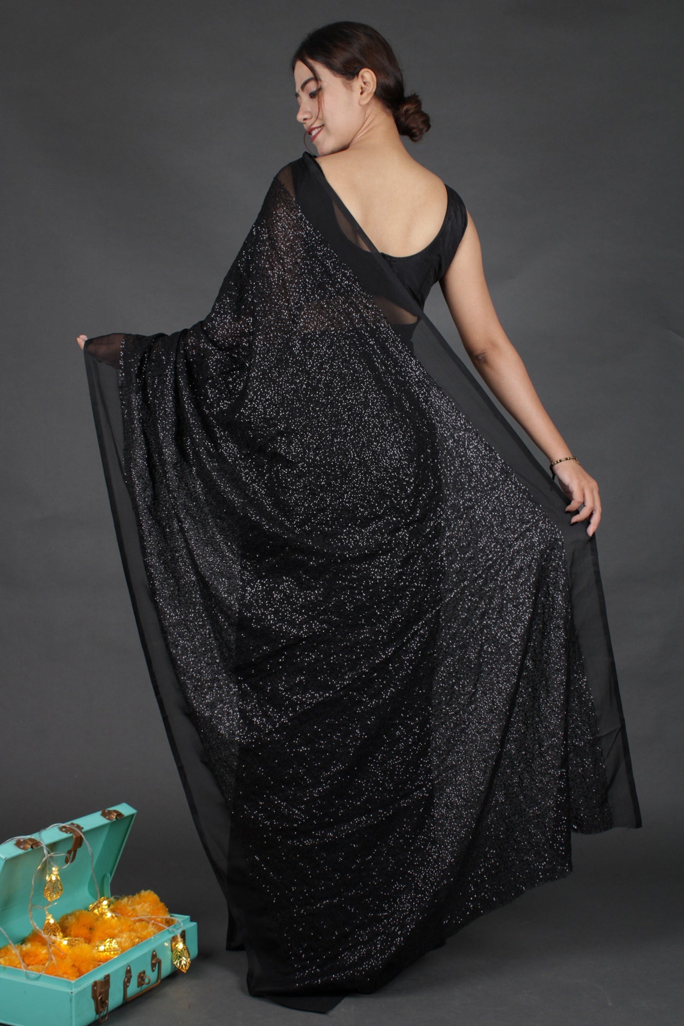 Black georgette sequin woven wrap in 1 minute saree - Isadora Life Online Shopping Store