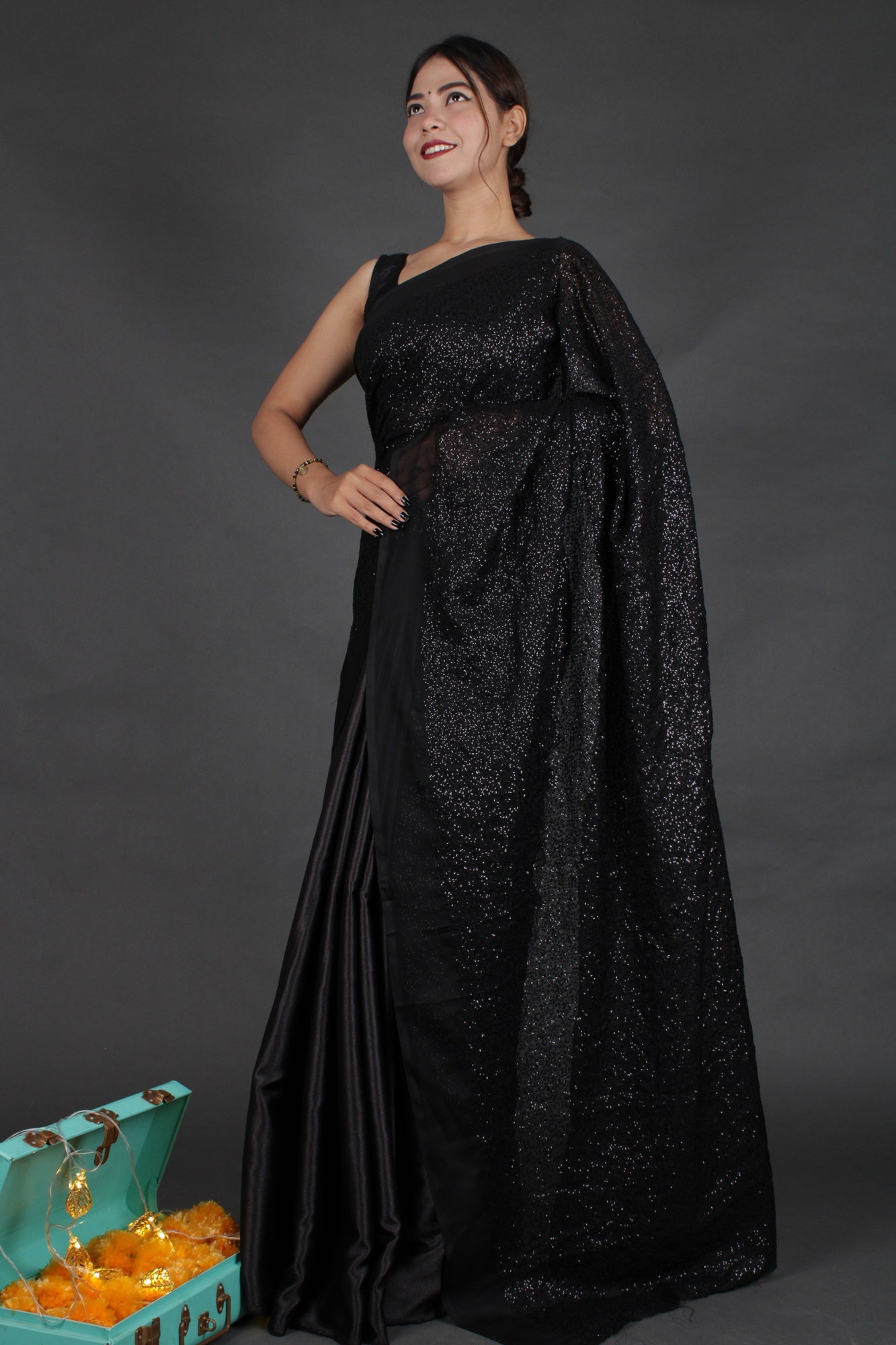 Black georgette sequin woven wrap in 1 minute saree - Isadora Life Online Shopping Store