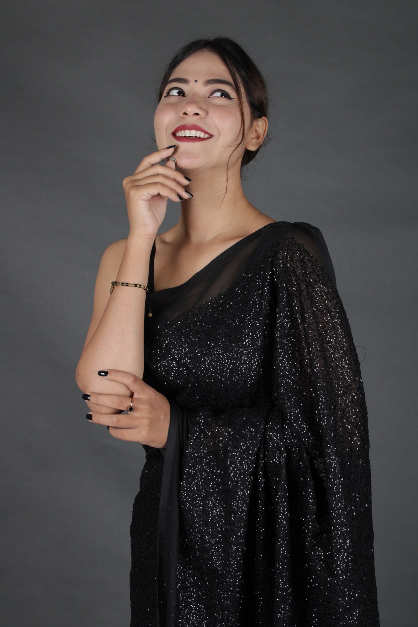 Black georgette sequin woven wrap in 1 minute saree - Isadora Life Online Shopping Store