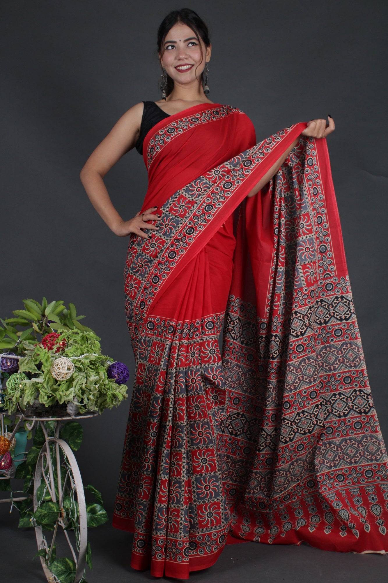 Red Ajrakh Printed Mul Mul Cotton Wrap in 1 minute saree - Isadora Life Online Shopping Store