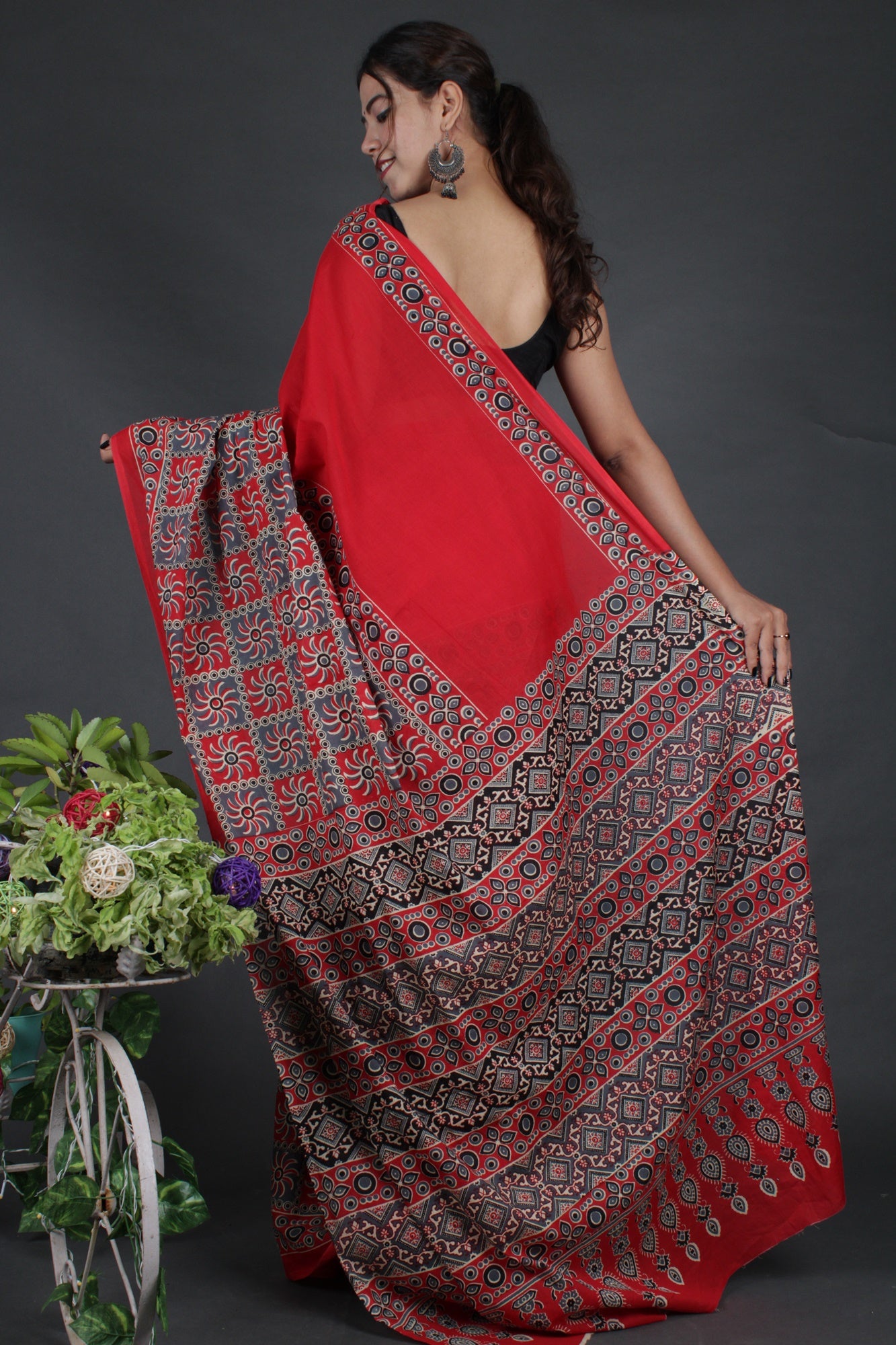 Red Ajrakh Printed Mul Mul Cotton Wrap in 1 minute saree - Isadora Life Online Shopping Store