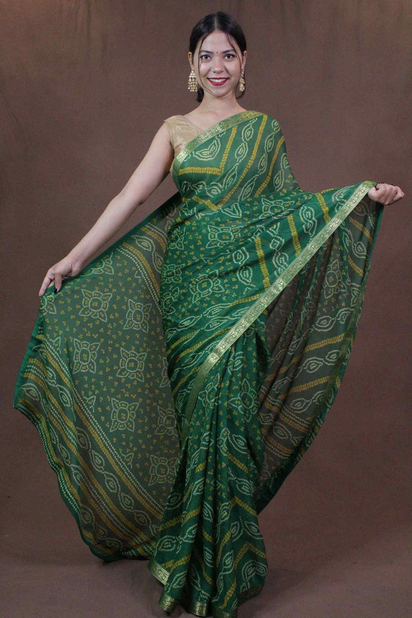 Green Bandhani Chiffon Wrap in 1 minute saree - Isadora Life Online Shopping Store