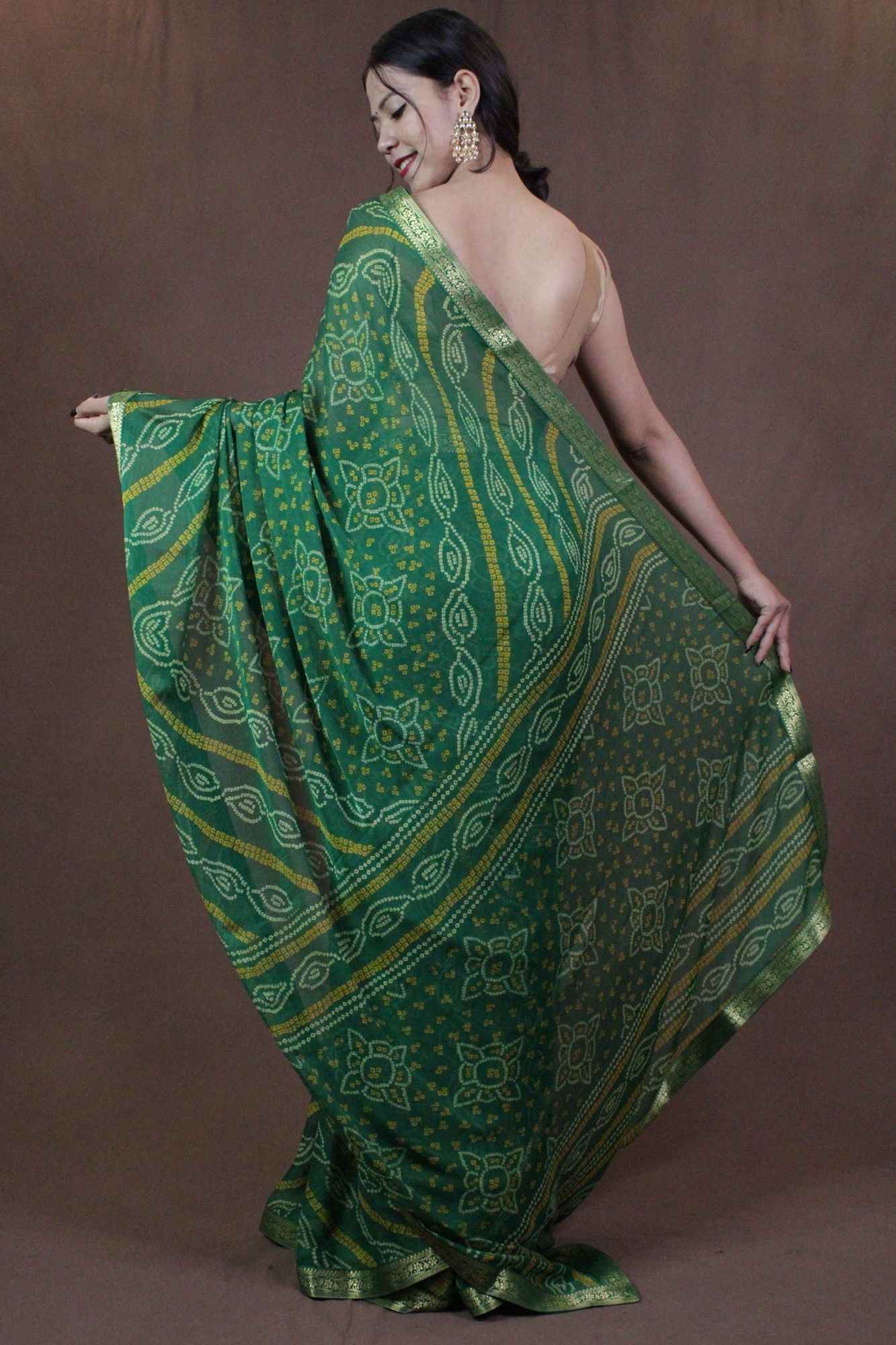 Green Bandhani Chiffon Wrap in 1 minute saree - Isadora Life Online Shopping Store