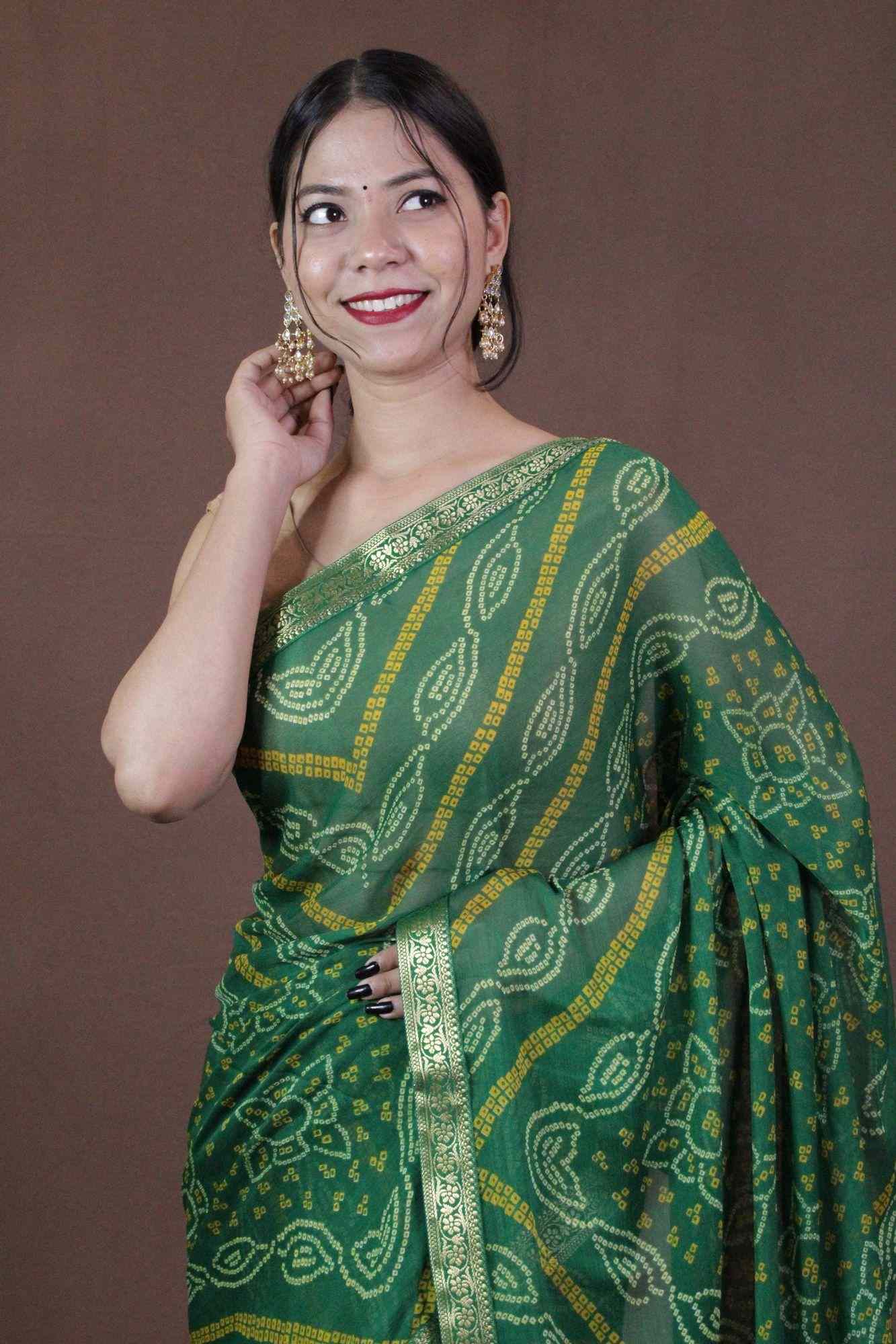 Green Bandhani Chiffon Wrap in 1 minute saree - Isadora Life Online Shopping Store