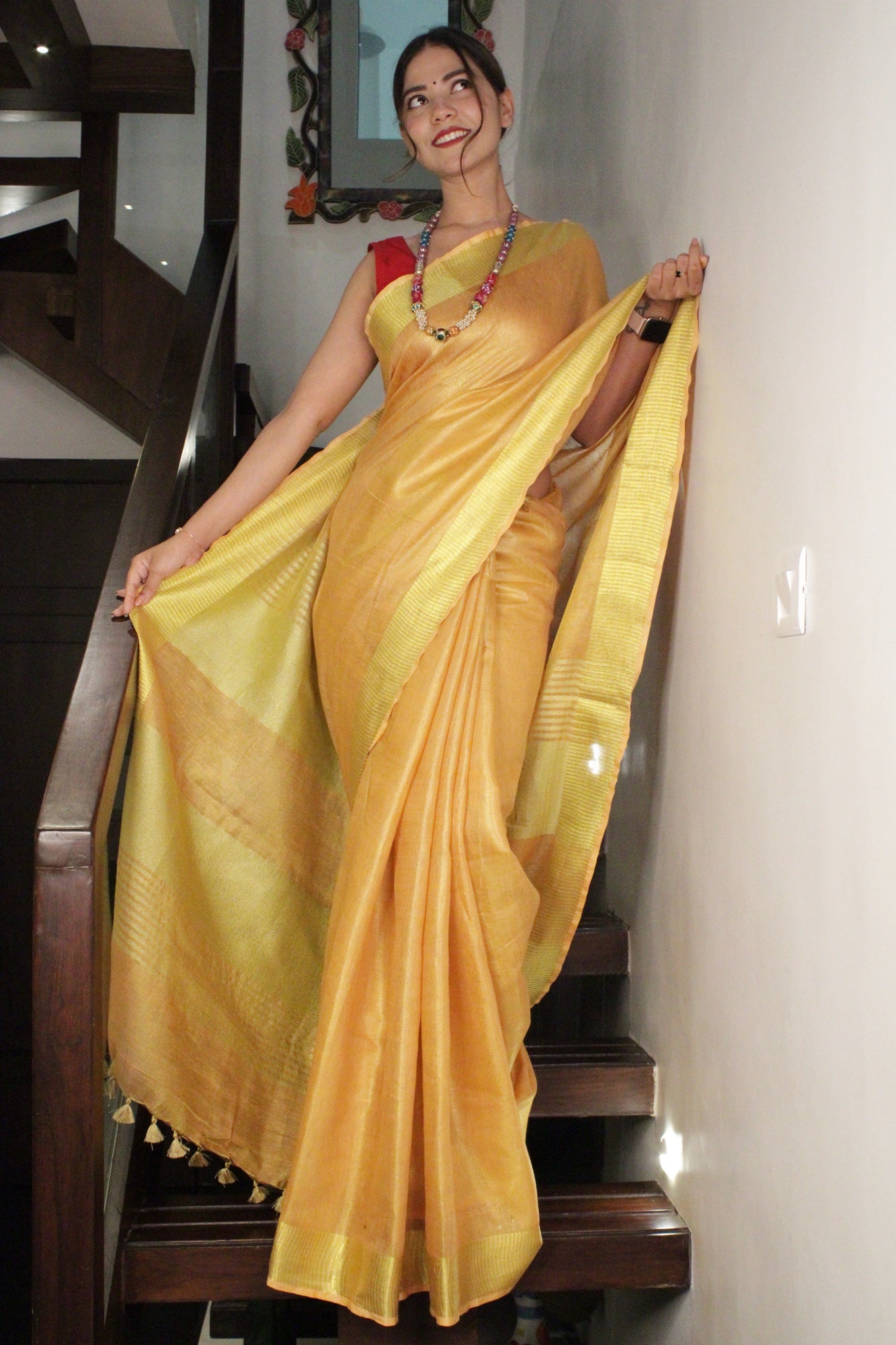 Golden linen slub classy wrap in 1 minute saree - Isadora Life Online Shopping Store