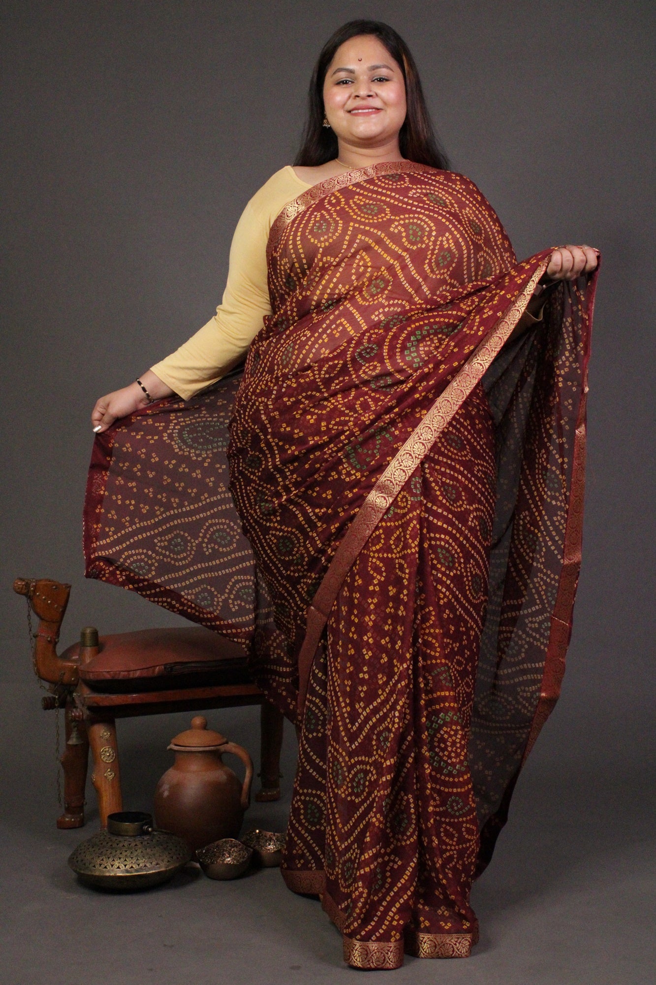 Maroon Bandhani Printed Chiffon with beautiful Zari border Wrap in 1 minute saree - Isadora Life Online Shopping Store