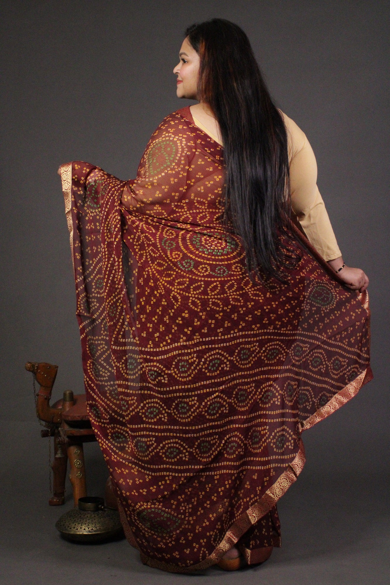 Maroon Bandhani Printed Chiffon with beautiful Zari border Wrap in 1 minute saree - Isadora Life Online Shopping Store