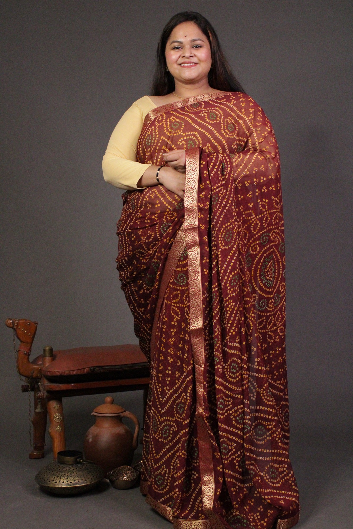Maroon Bandhani Printed Chiffon with beautiful Zari border Wrap in 1 minute saree - Isadora Life Online Shopping Store