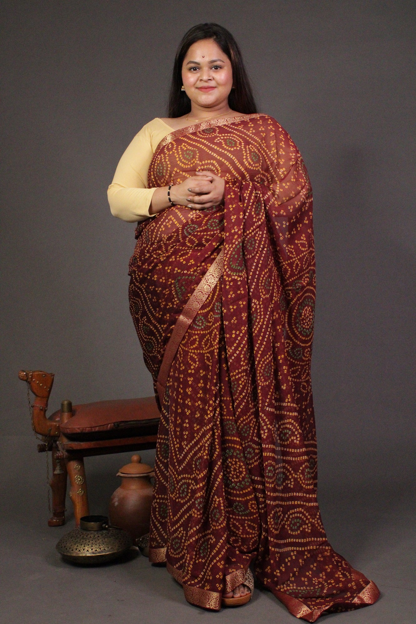 Maroon Bandhani Printed Chiffon with beautiful Zari border Wrap in 1 minute saree - Isadora Life Online Shopping Store