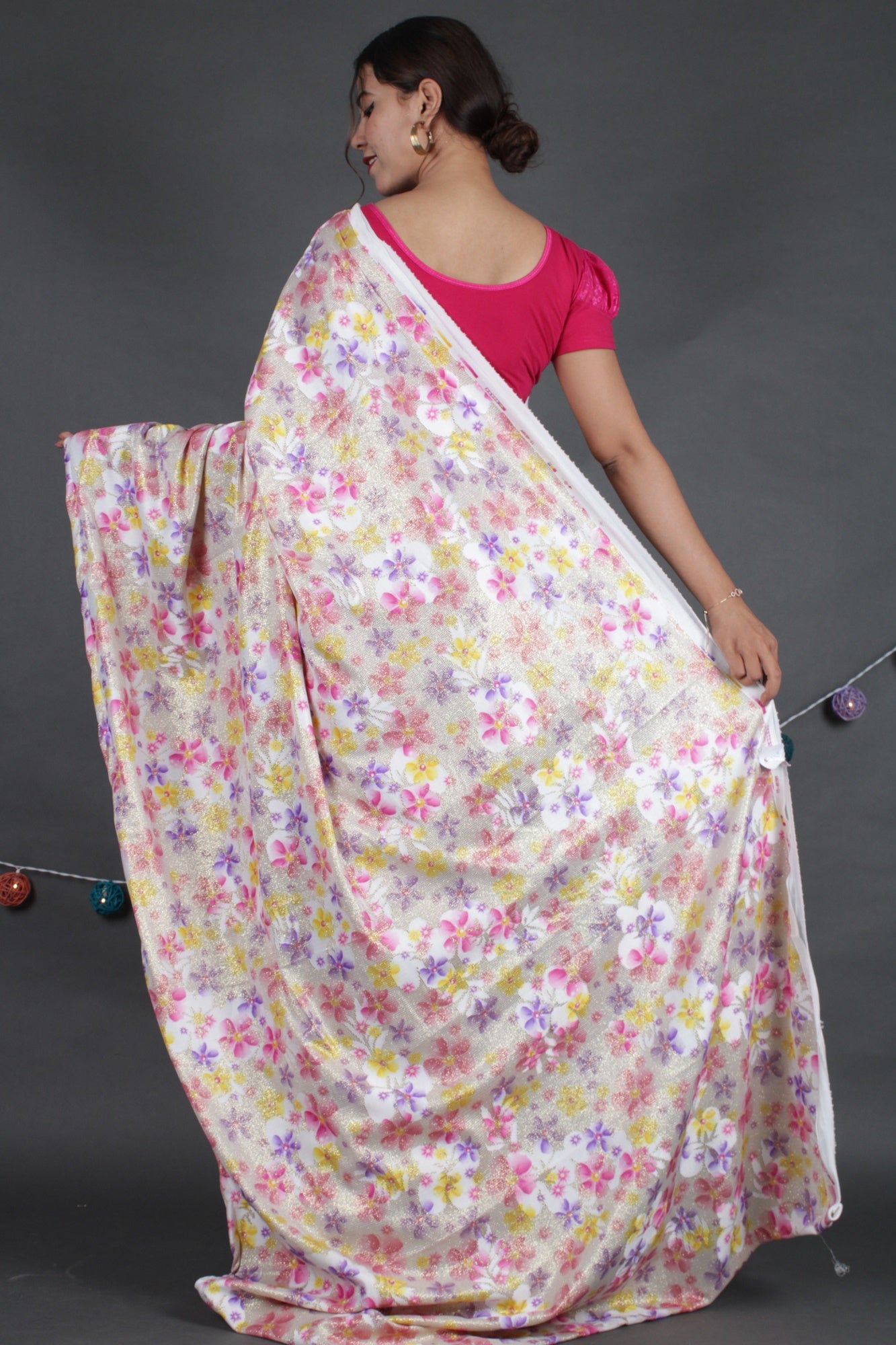 Gorgeous shimmery sequins woven with floral print pallu with satin half and half wrap in 1 minute saree - Isadora Life Online Shopping Store