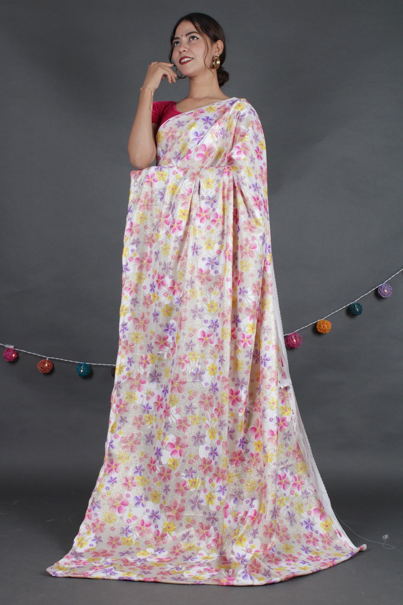 Gorgeous shimmery sequins woven with floral print pallu with satin half and half wrap in 1 minute saree - Isadora Life Online Shopping Store