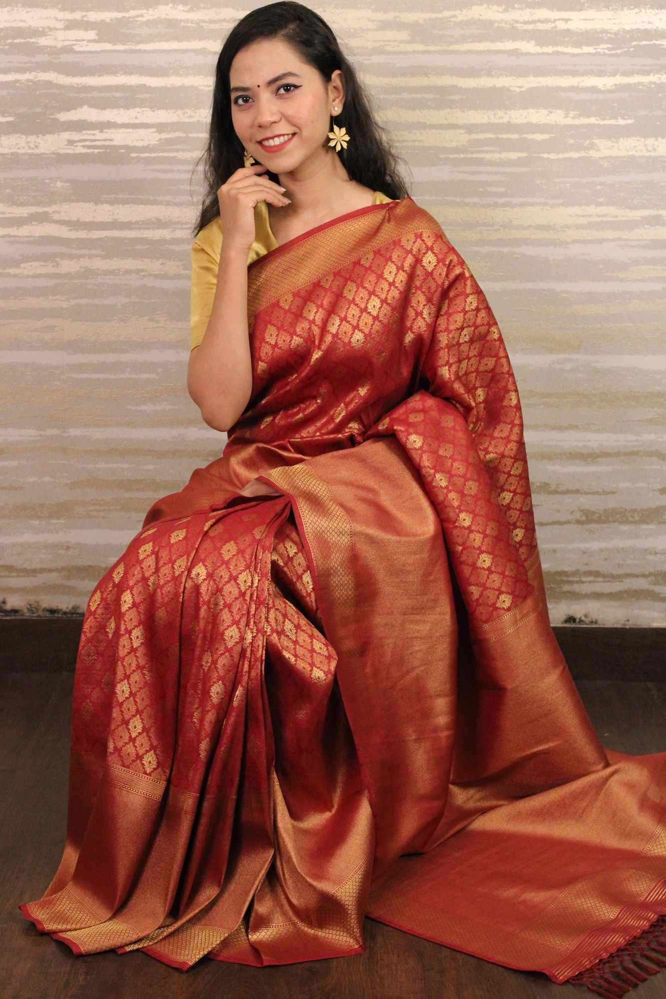 red kanjeevaram woven zari all over wrap in 1 minute saree - Isadora Life Online Shopping Store