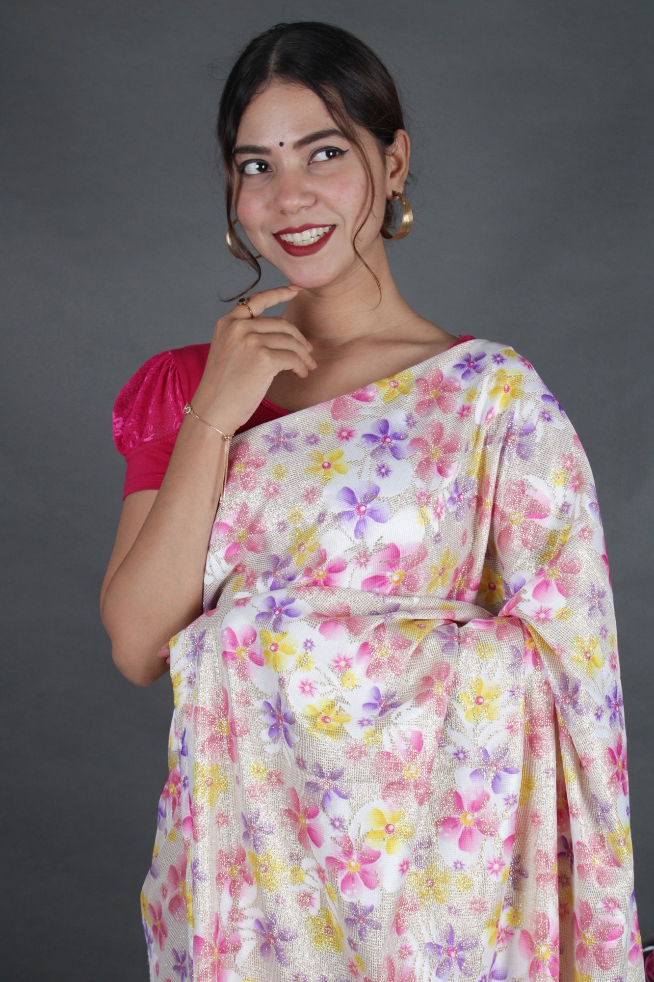 Gorgeous shimmery sequins woven with floral print pallu with satin half and half wrap in 1 minute saree - Isadora Life Online Shopping Store